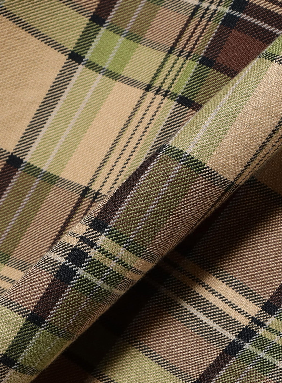 Close-up of the Classic Check Work Shirt in a high-density plaid fabric featuring overlapping tan, olive green, and dark brown lines.