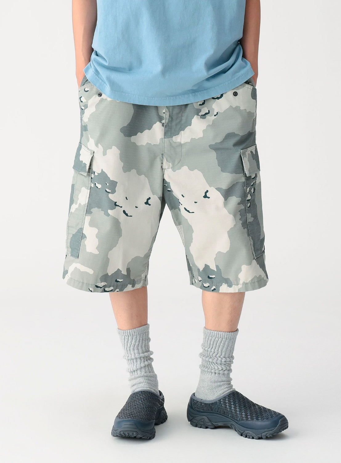 Person wearing camouflage shorts and blue shoes on a white background