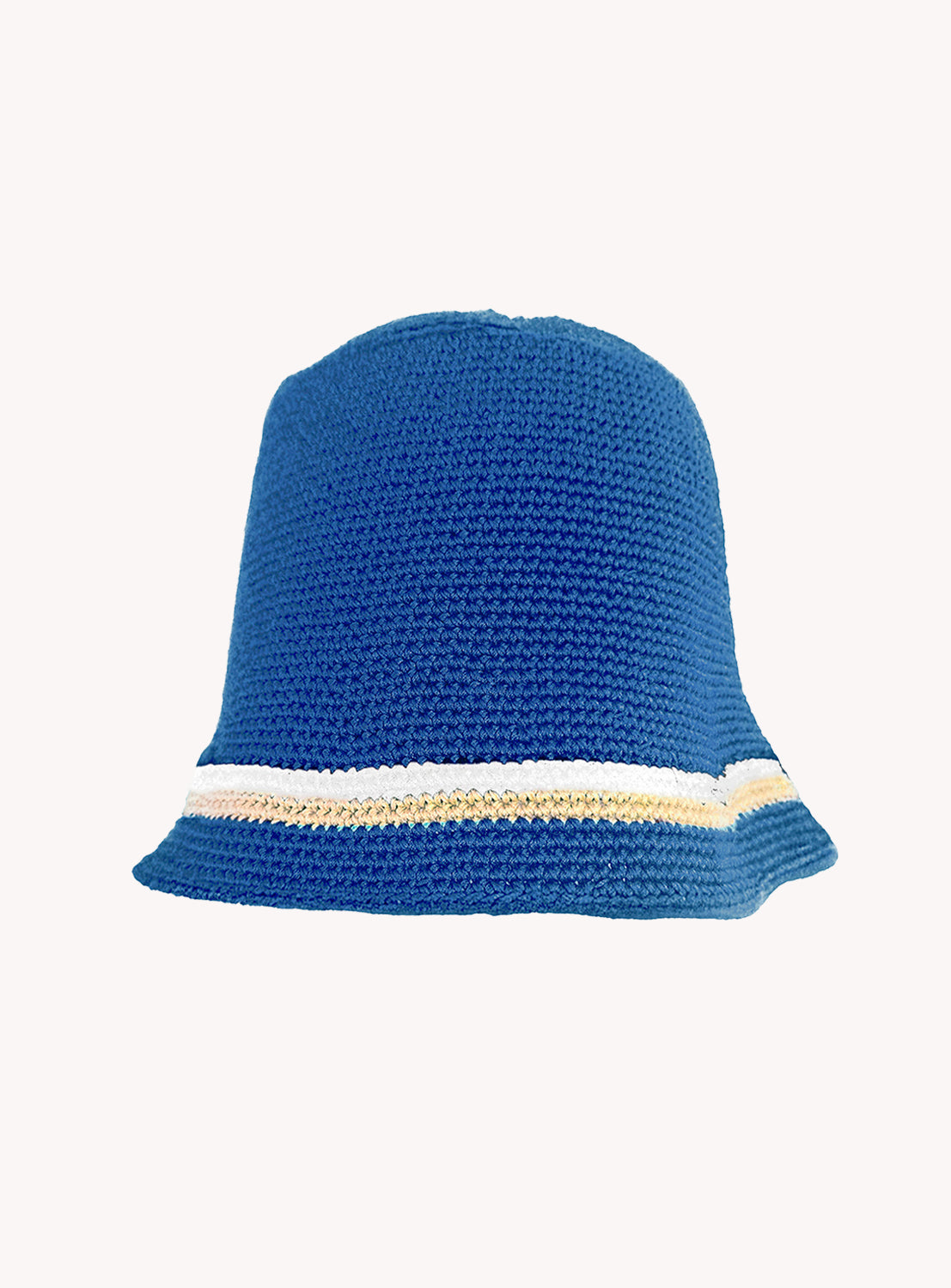 Blue woven bucket hat with decorative band on a white background