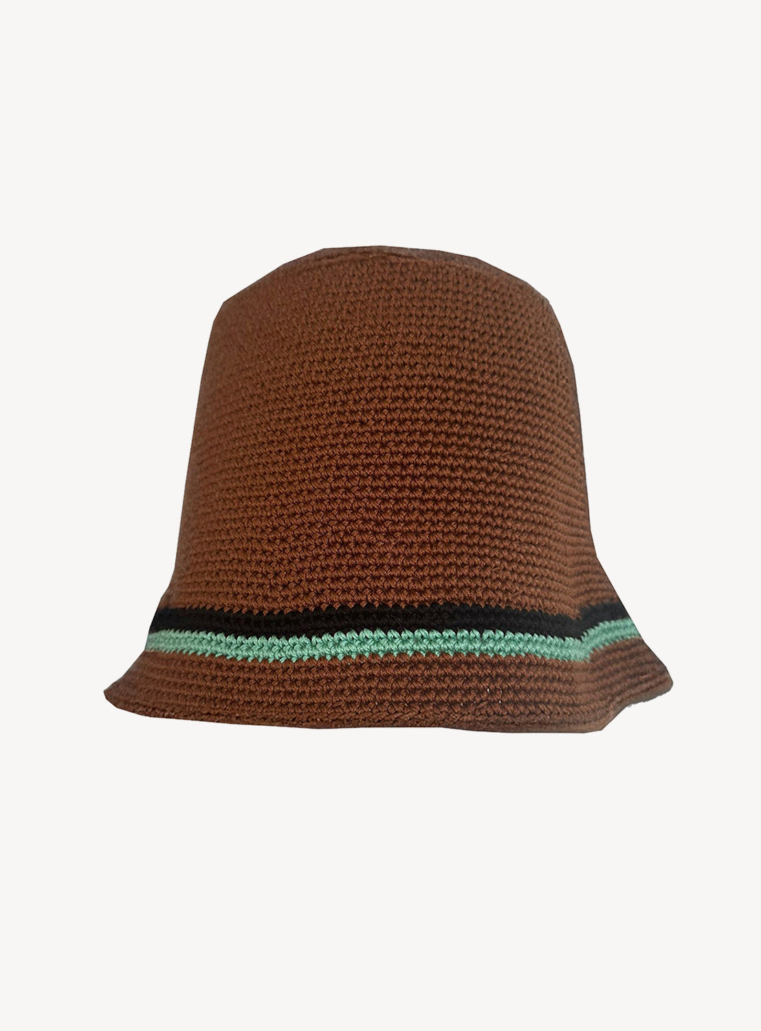 Brown woven bucket hat with a striped band on a white background