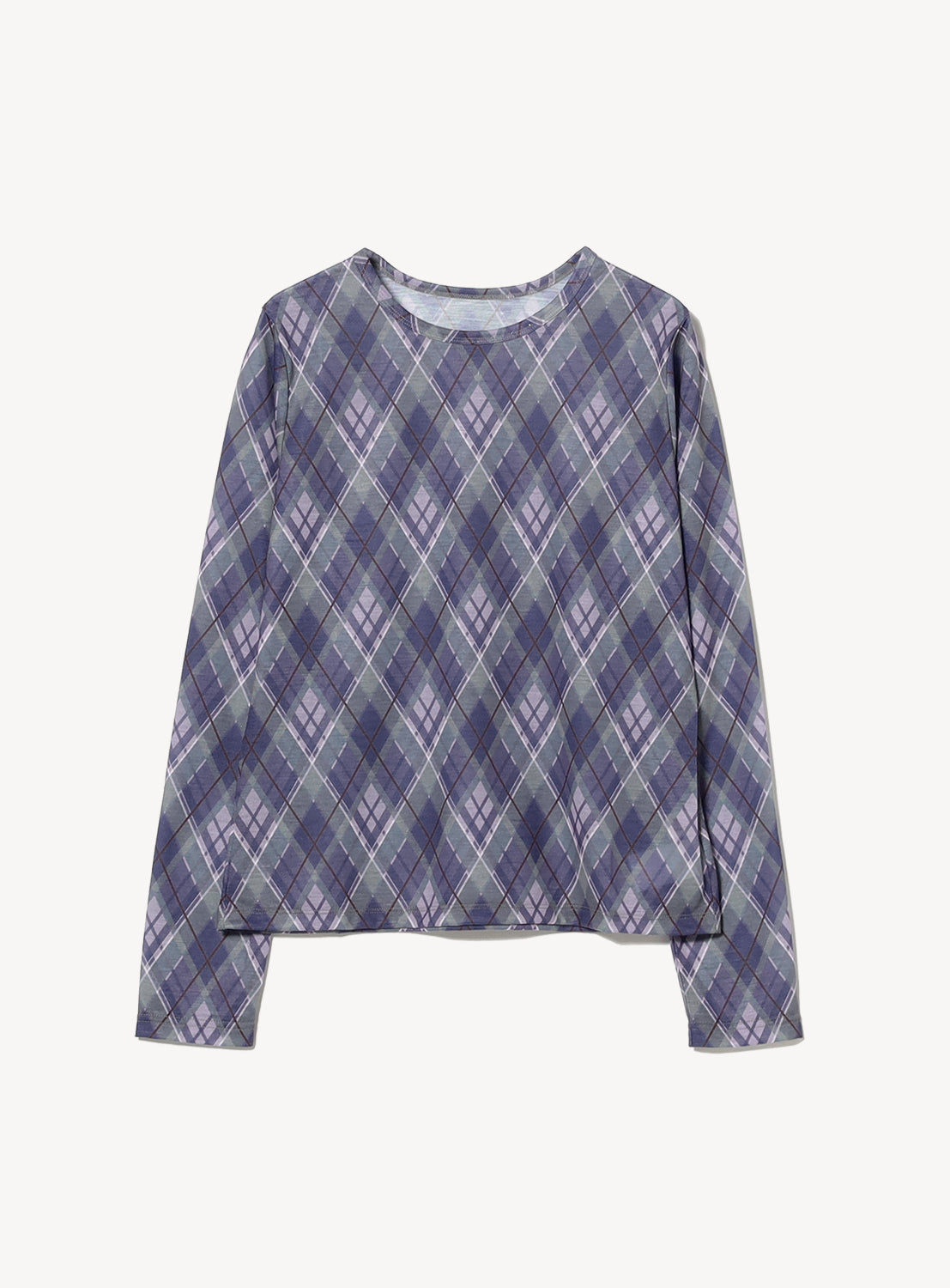 Argyle Print Crew Neck Top by Ray BEAMS, featuring a purple, blue, and white argyle pattern in soft cotton jersey, laid flat on a white background.