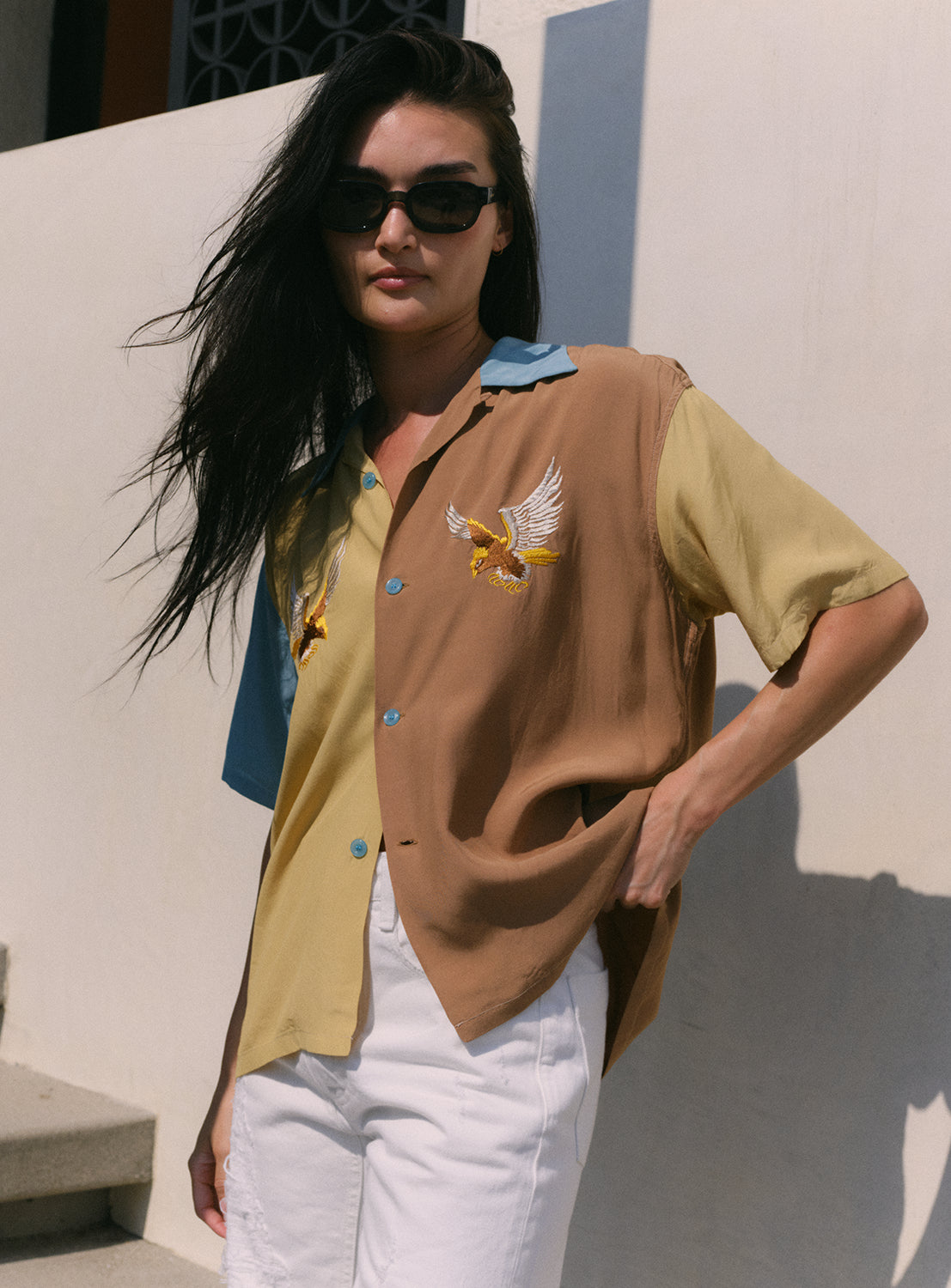 Model wearing a teal, beige, and brown color block button shirt with two eagles on each side of the chest. 
