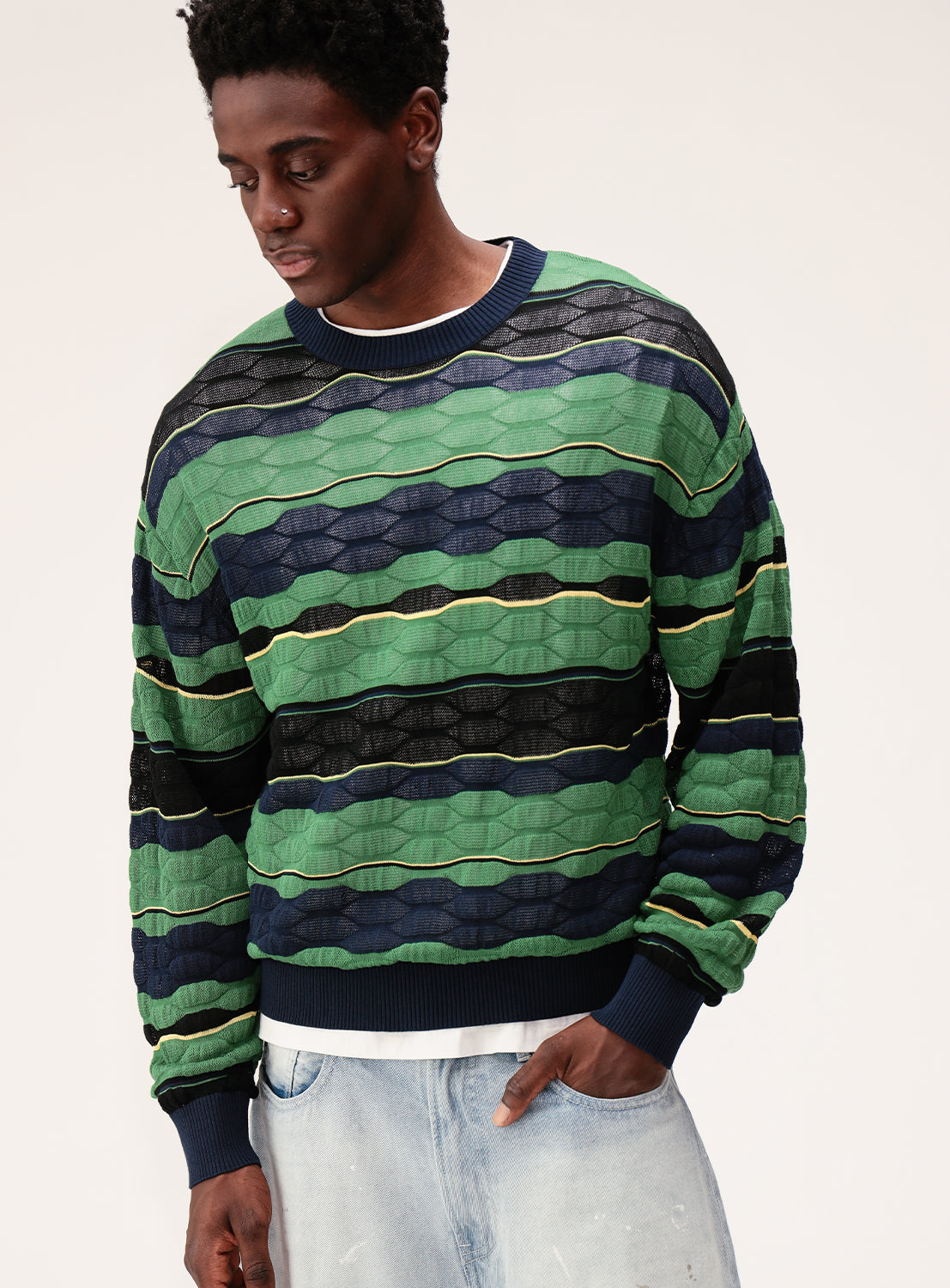 12-Gauge Jacquard Multi-Stripe Knit Sweater