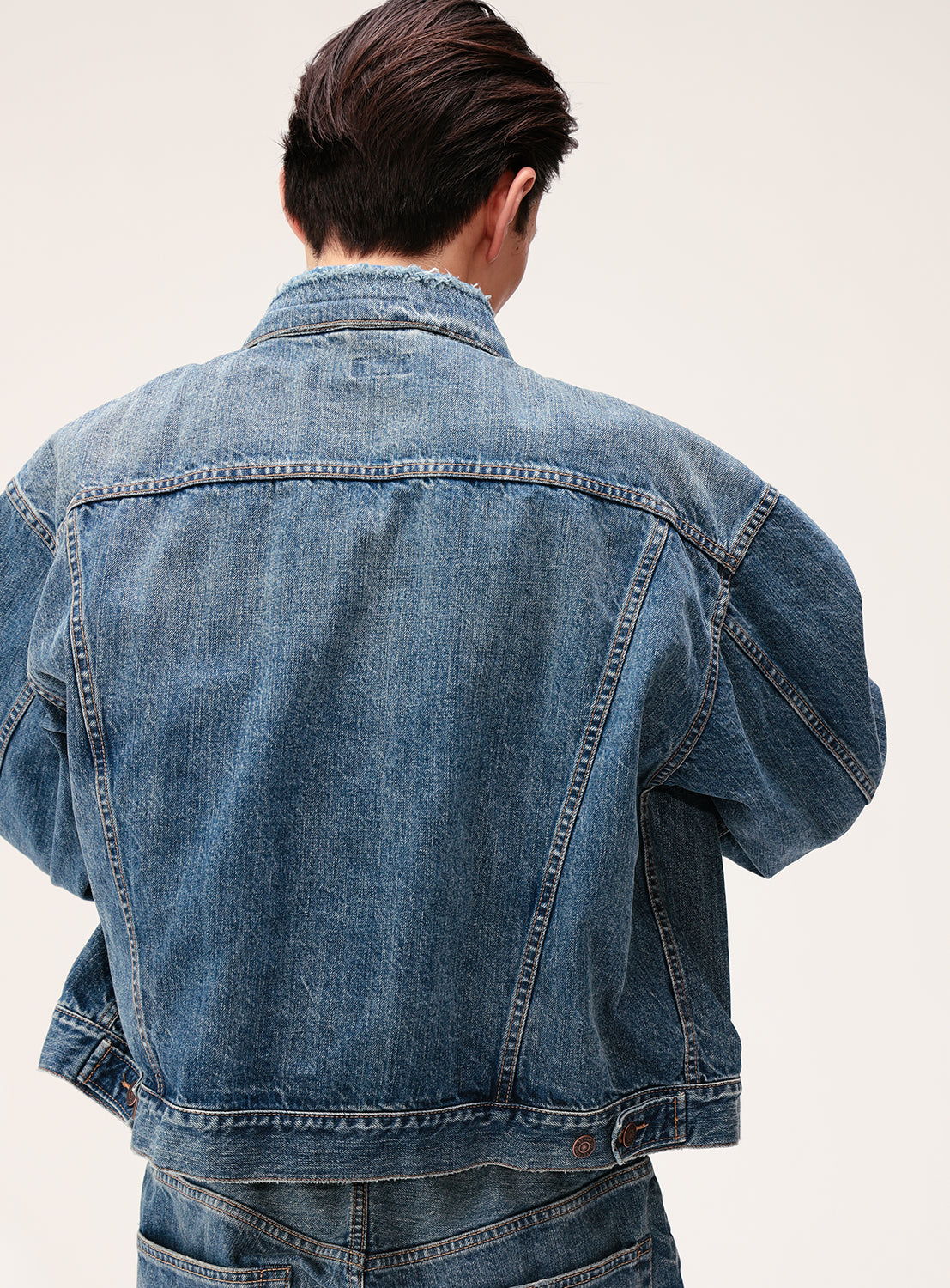 Cropped Distressed Japanese Denim Trucker Jacket