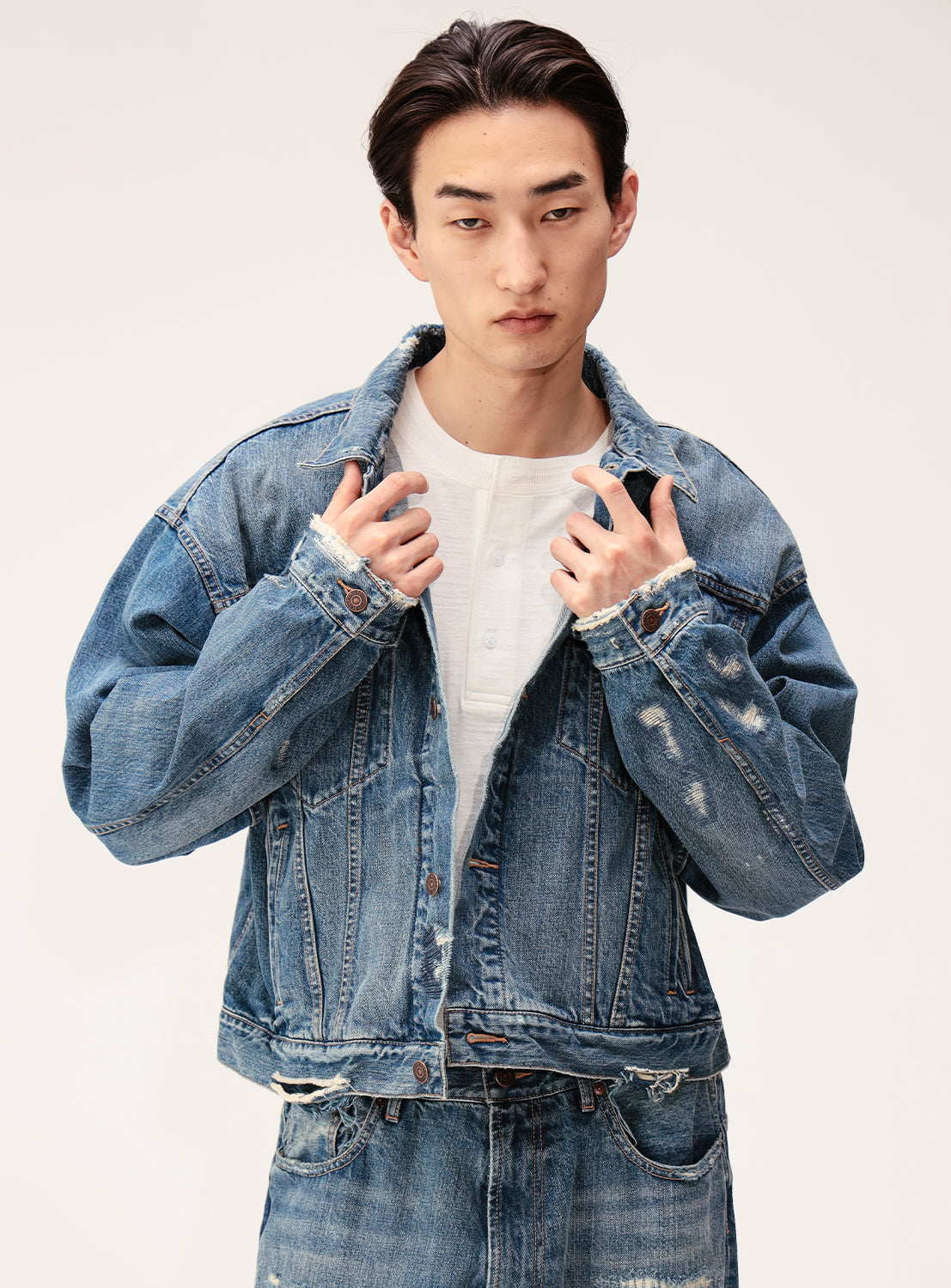 Cropped Distressed Japanese Denim Trucker Jacket