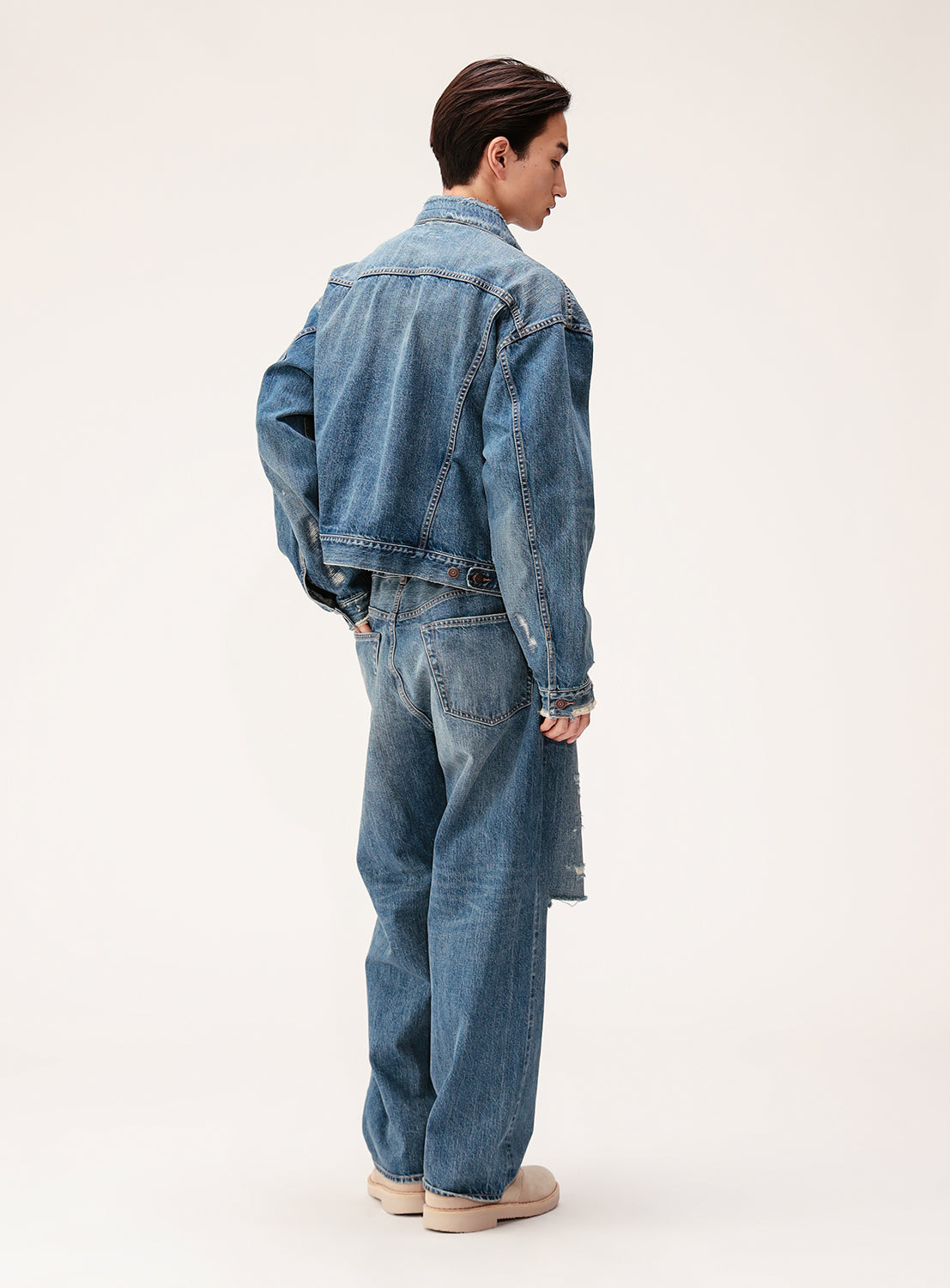 Cropped Distressed Japanese Denim Trucker Jacket