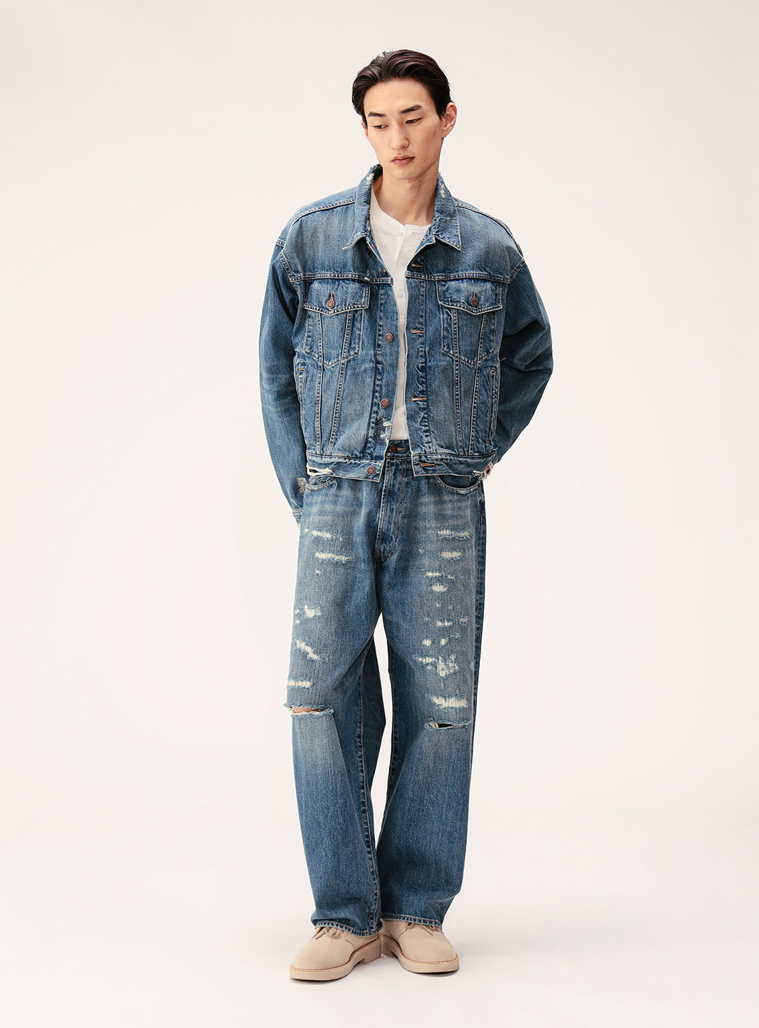 Cropped Distressed Japanese Denim Trucker Jacket