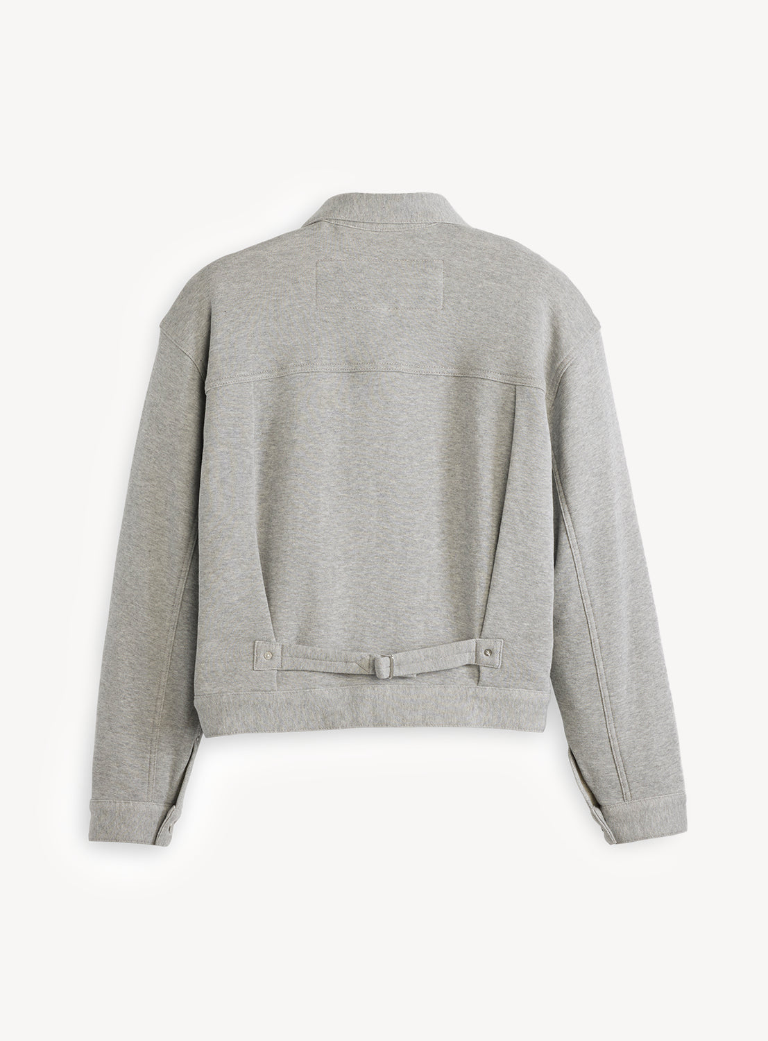 Back view of grey Levi’s® x BEAMS x Loopwheeler Superwide Jacket with buckled waist cinch.