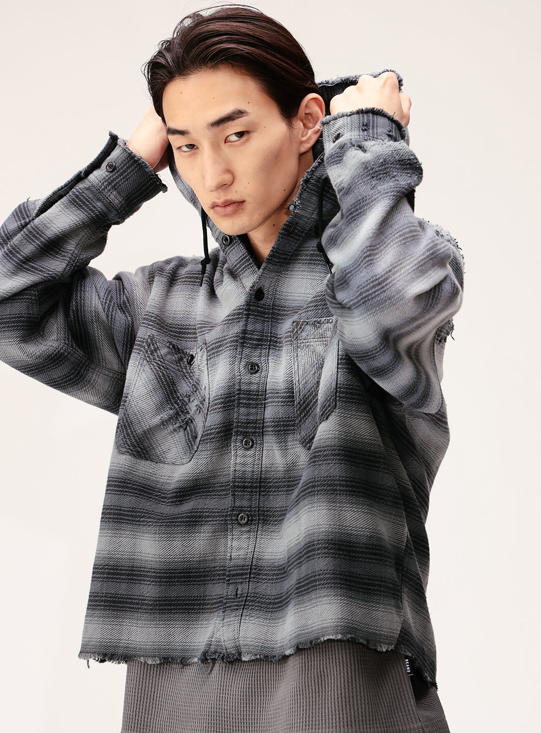 Wide Short Fit Distressed Hooded Plaid Work Shirt