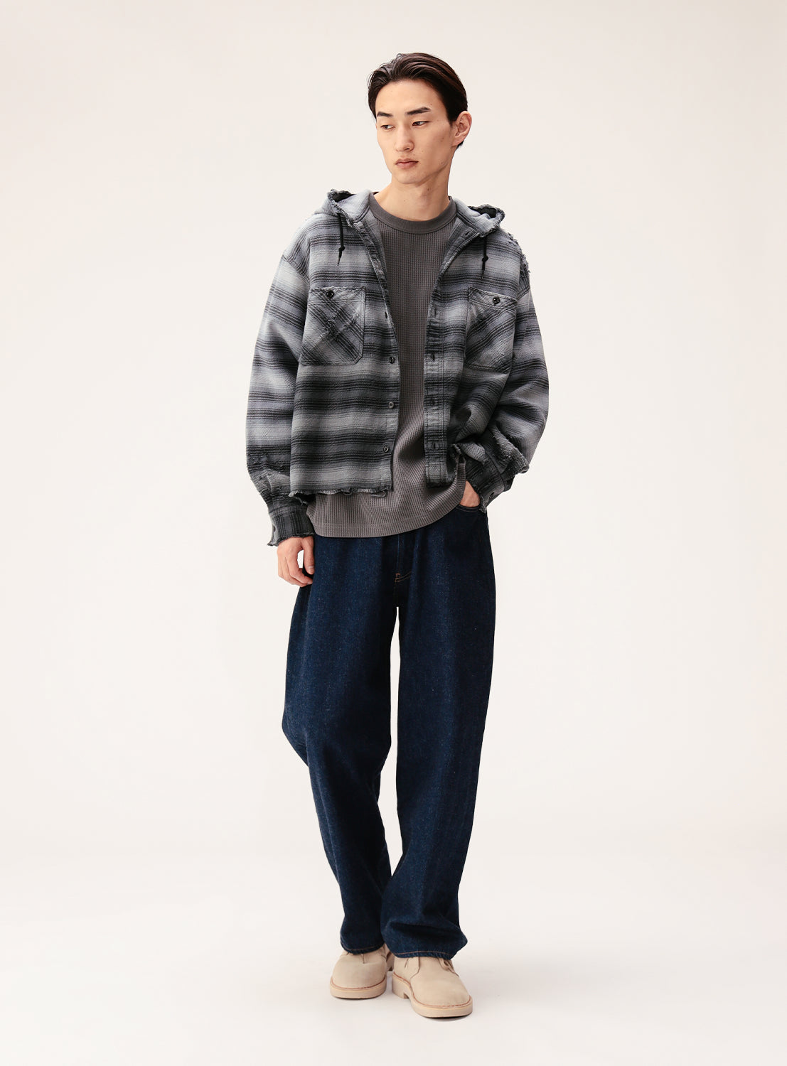 Wide Short Fit Distressed Hooded Plaid Work Shirt