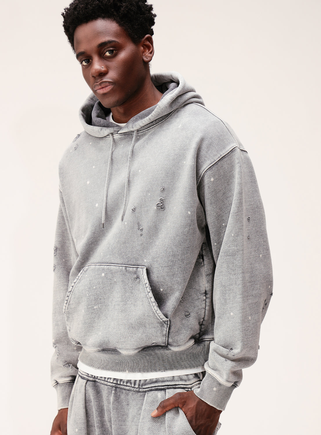 Wide Short Fit Distressed Heavyweight Hoodie