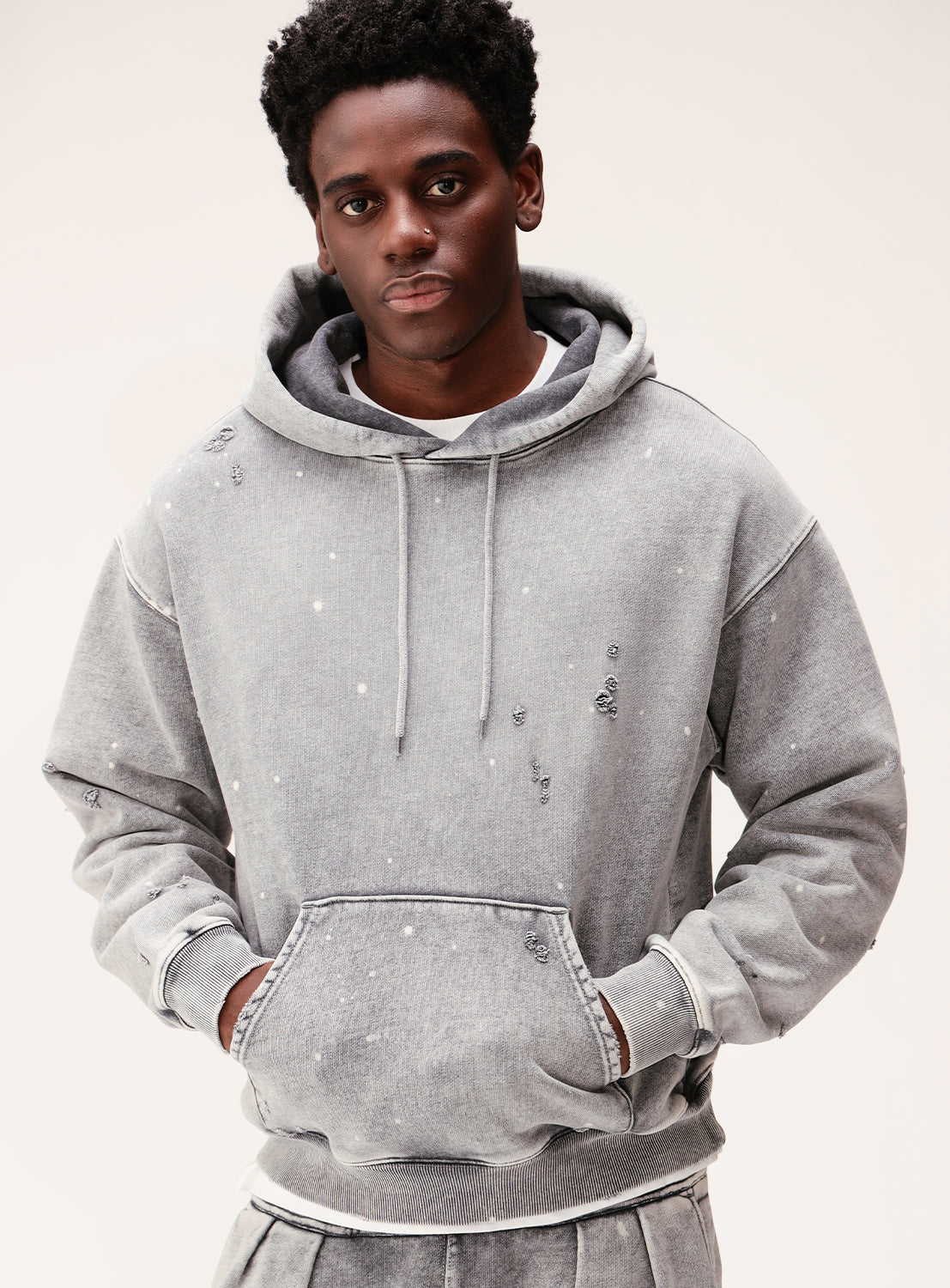 Wide Short Fit Distressed Heavyweight Hoodie