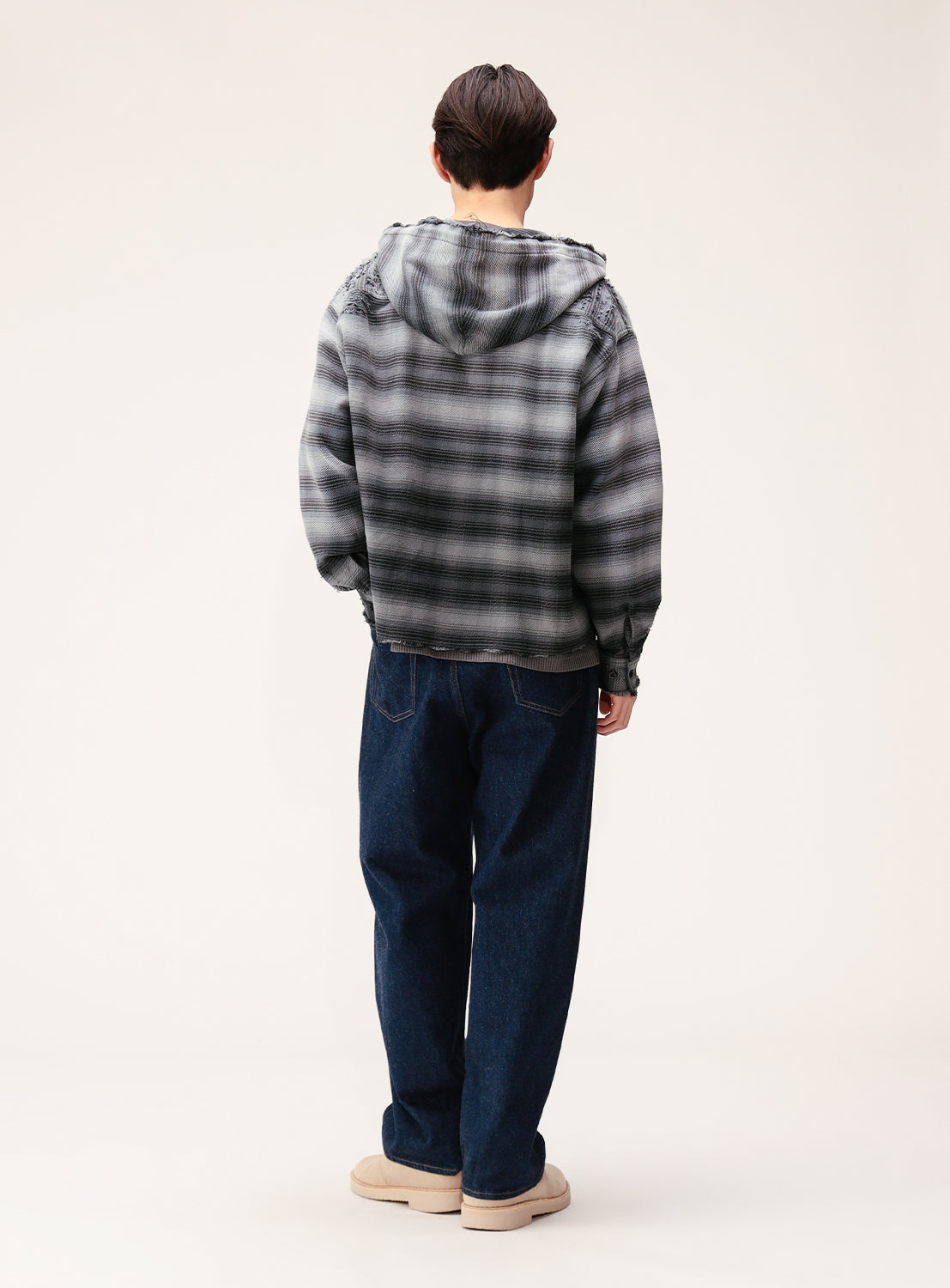 Wide Short Fit Distressed Hooded Plaid Work Shirt