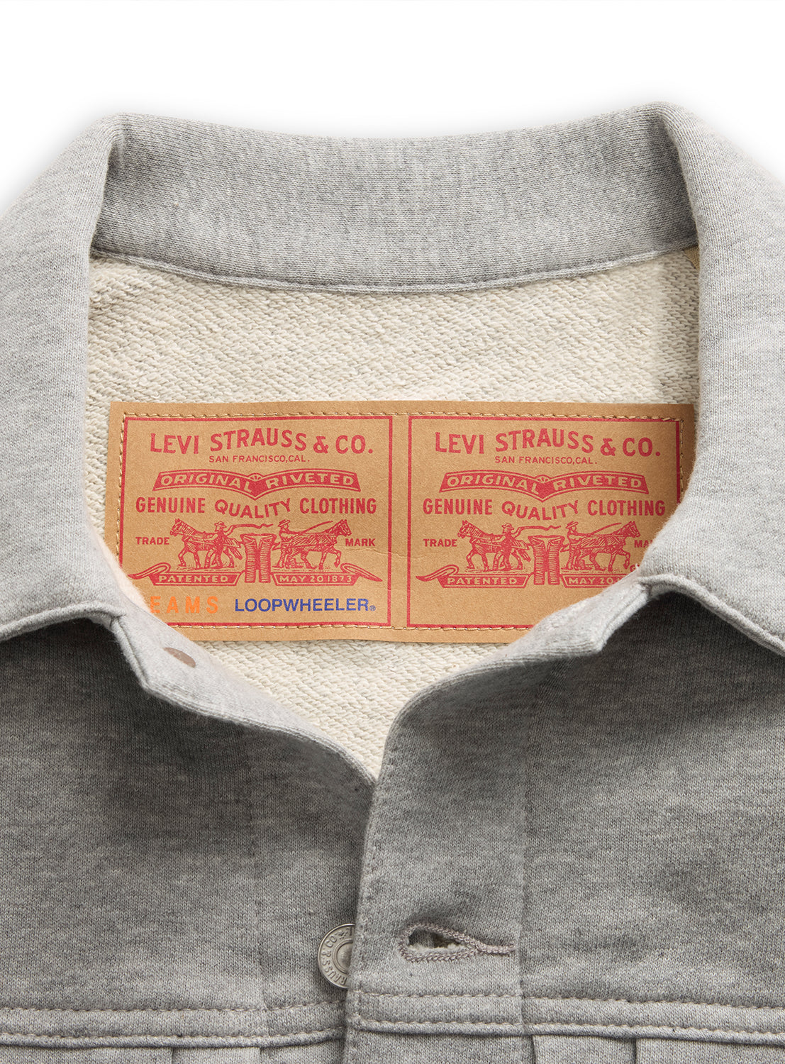 Grey Levi’s® x BEAMS x Loopwheeler Superwide Jacket with dual collar labels.