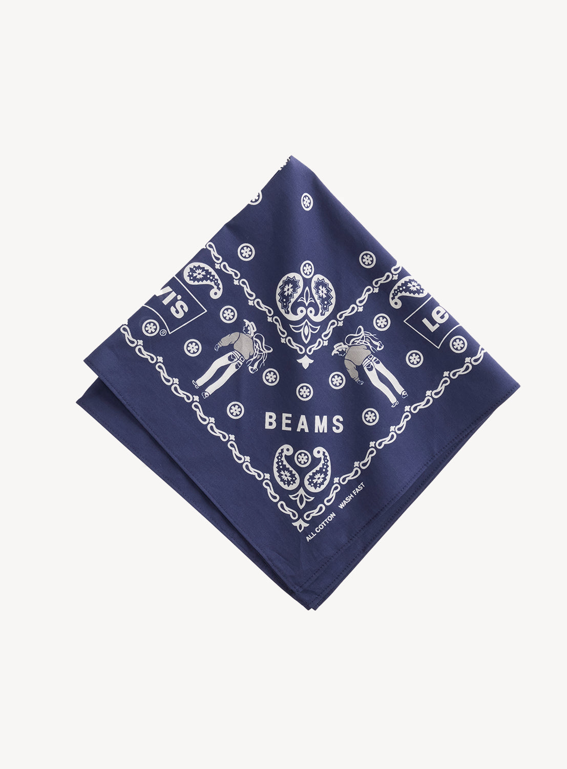 Navy blue Levi’s® x BEAMS x Loopwheeler bandana with white paisley, graphic figures, and text.