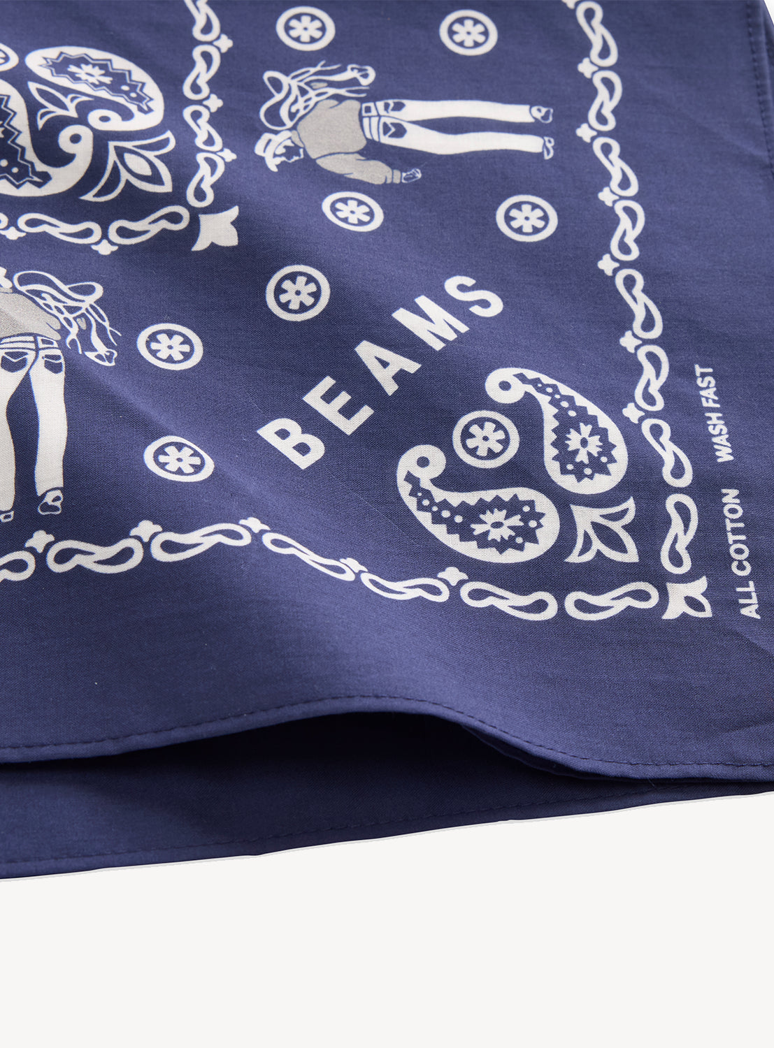 Navy blue Levi’s® x BEAMS x Loopwheeler bandana with white paisley, cowboy figures, and BEAMS text.