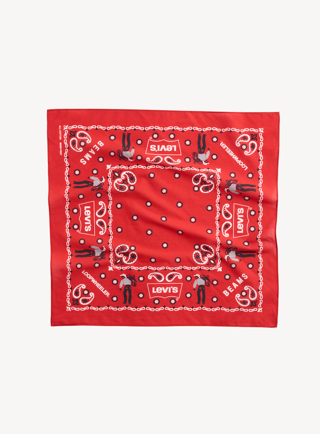 Levi’s® x BEAMS x Loopwheeler red bandana with white paisley, cowboy motifs, and brand logos.