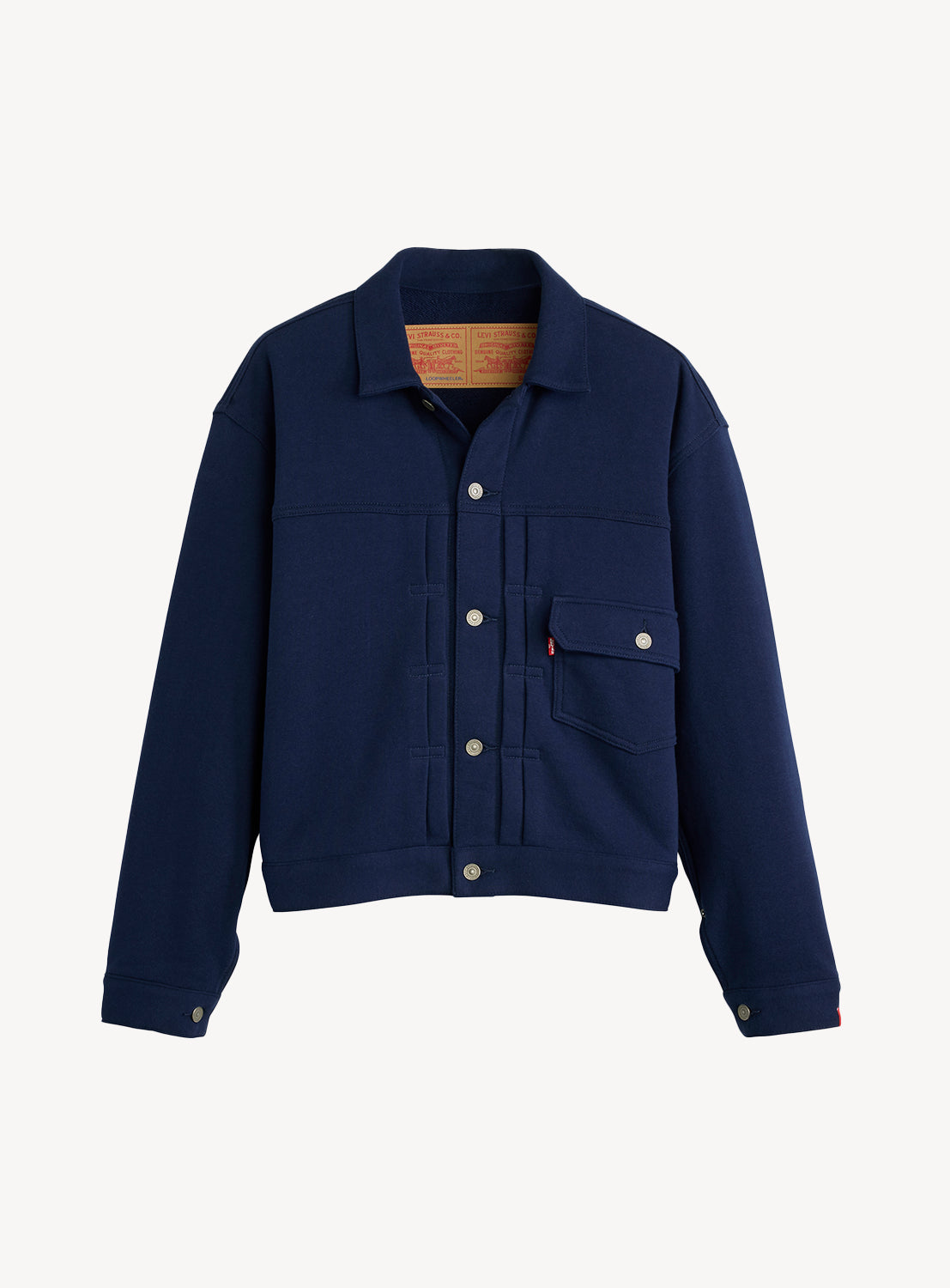 Navy blue Levi’s® x BEAMS x Loopwheeler Superwide Jacket with collar, chest pocket, and buttons.