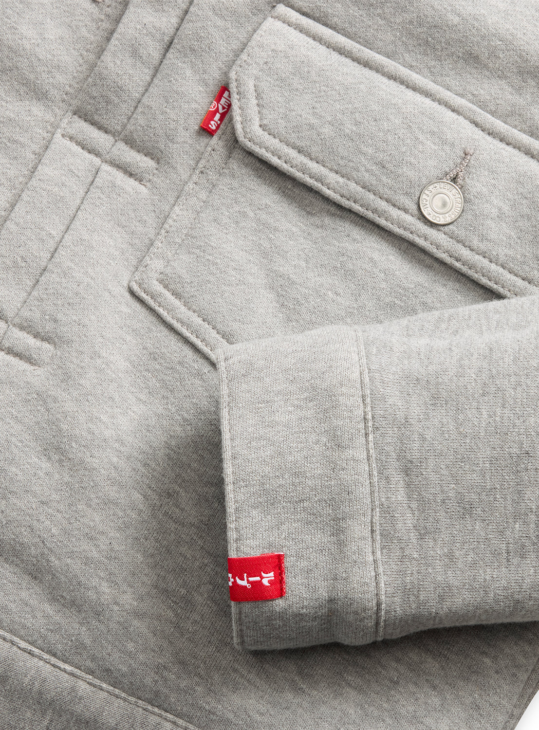 Grey Levi’s® x BEAMS x Loopwheeler Superwide Jacket with chest pocket, button, tab, and cuffs.