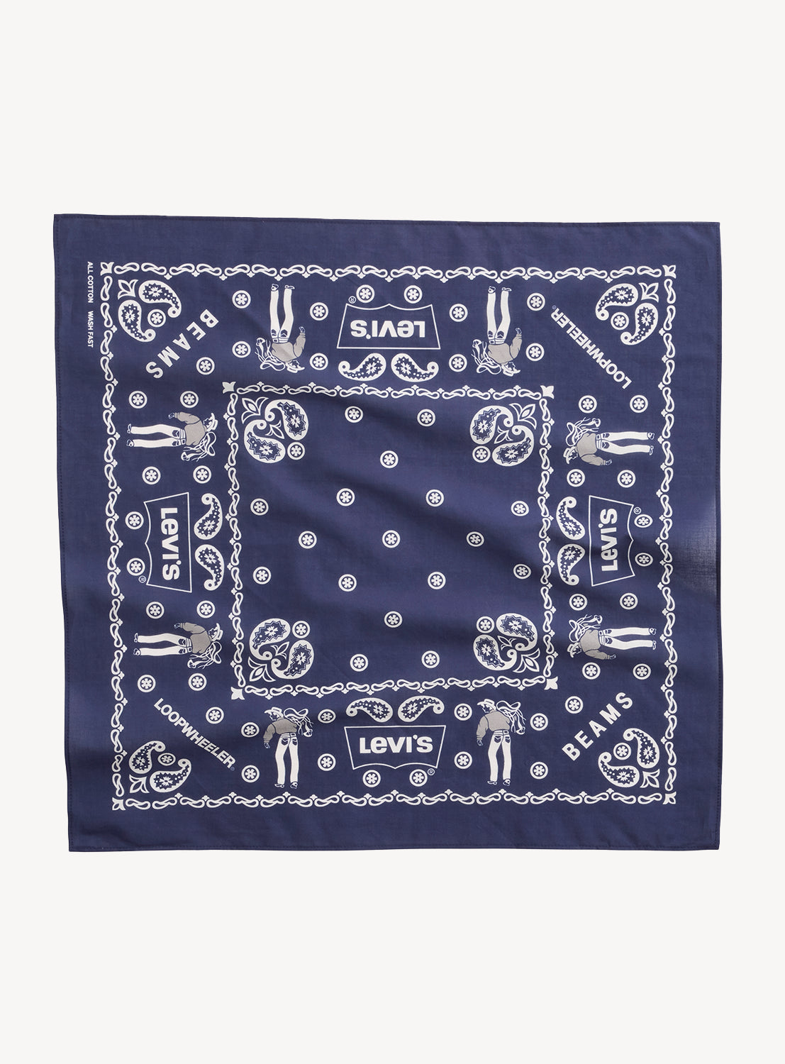 Navy blue Levi’s® x BEAMS x Loopwheeler bandana with white paisley and logo print.