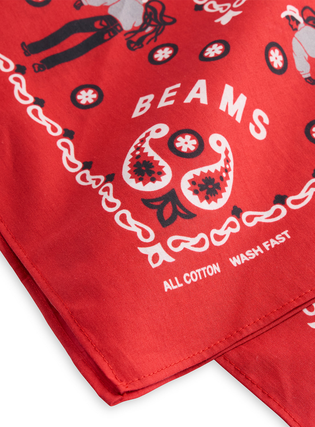 Levi’s® x BEAMS x Loopwheeler red cotton bandana with black and white paisley and text.