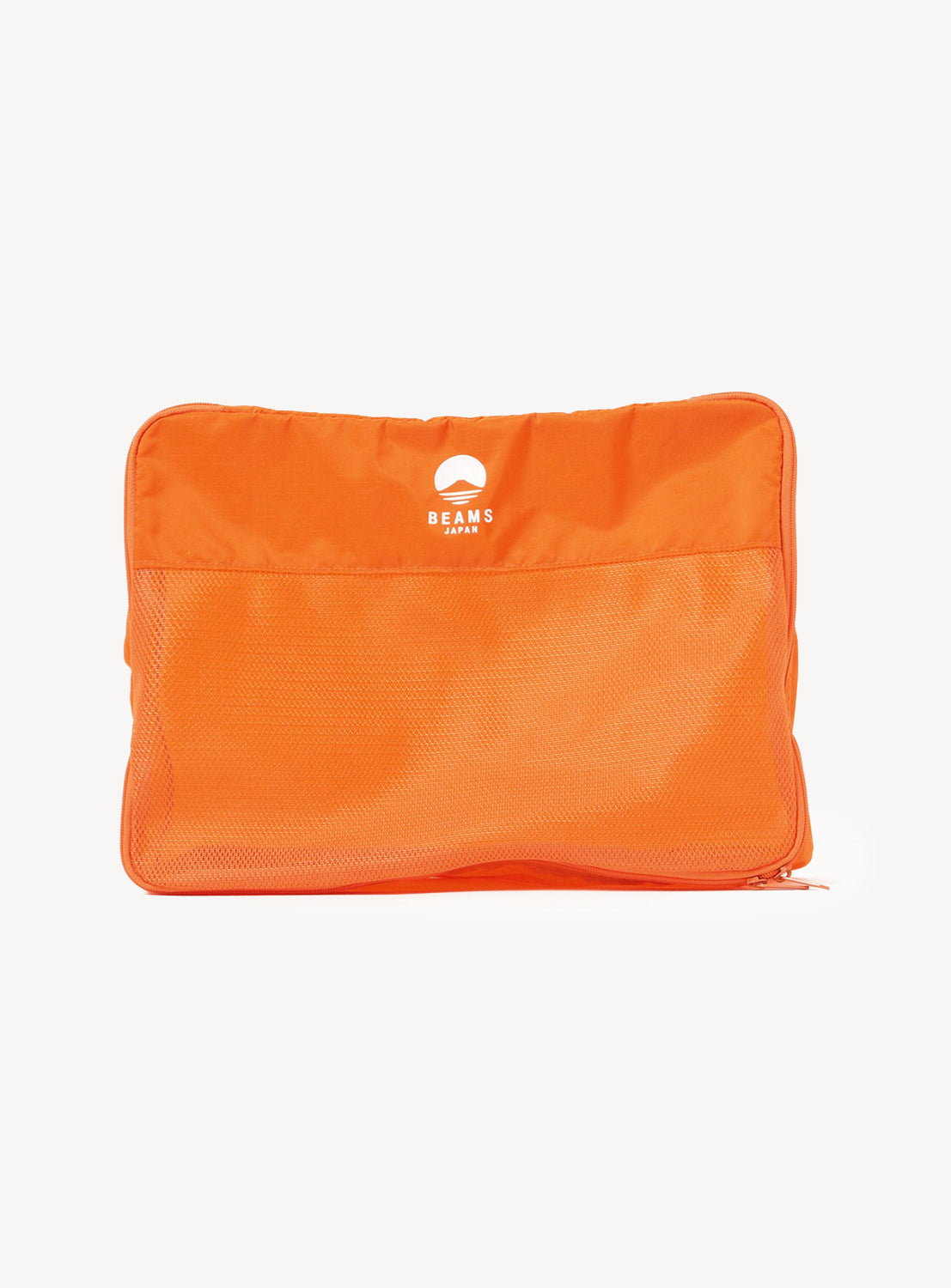 Orange pouch with a brand logo on a white background