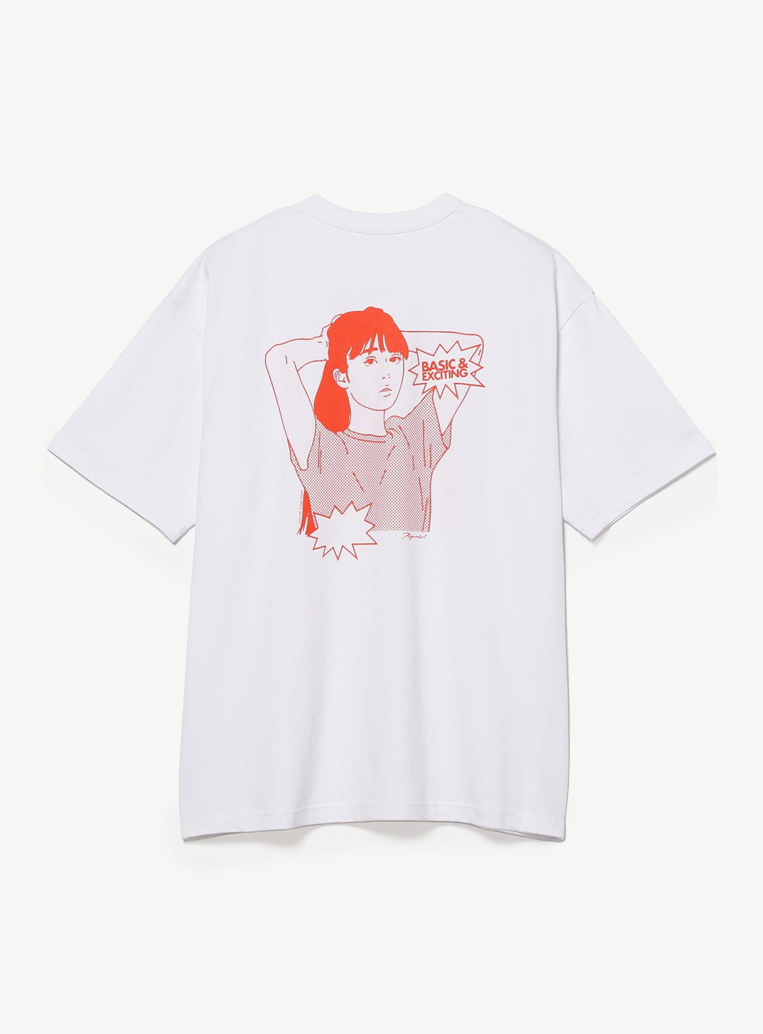 White heavyweight KYNE T-shirt by BEAMS T featuring line art of a girl with straight hair and comic-style speech bubbles. Exclusive to BEAMS T Harajuku.