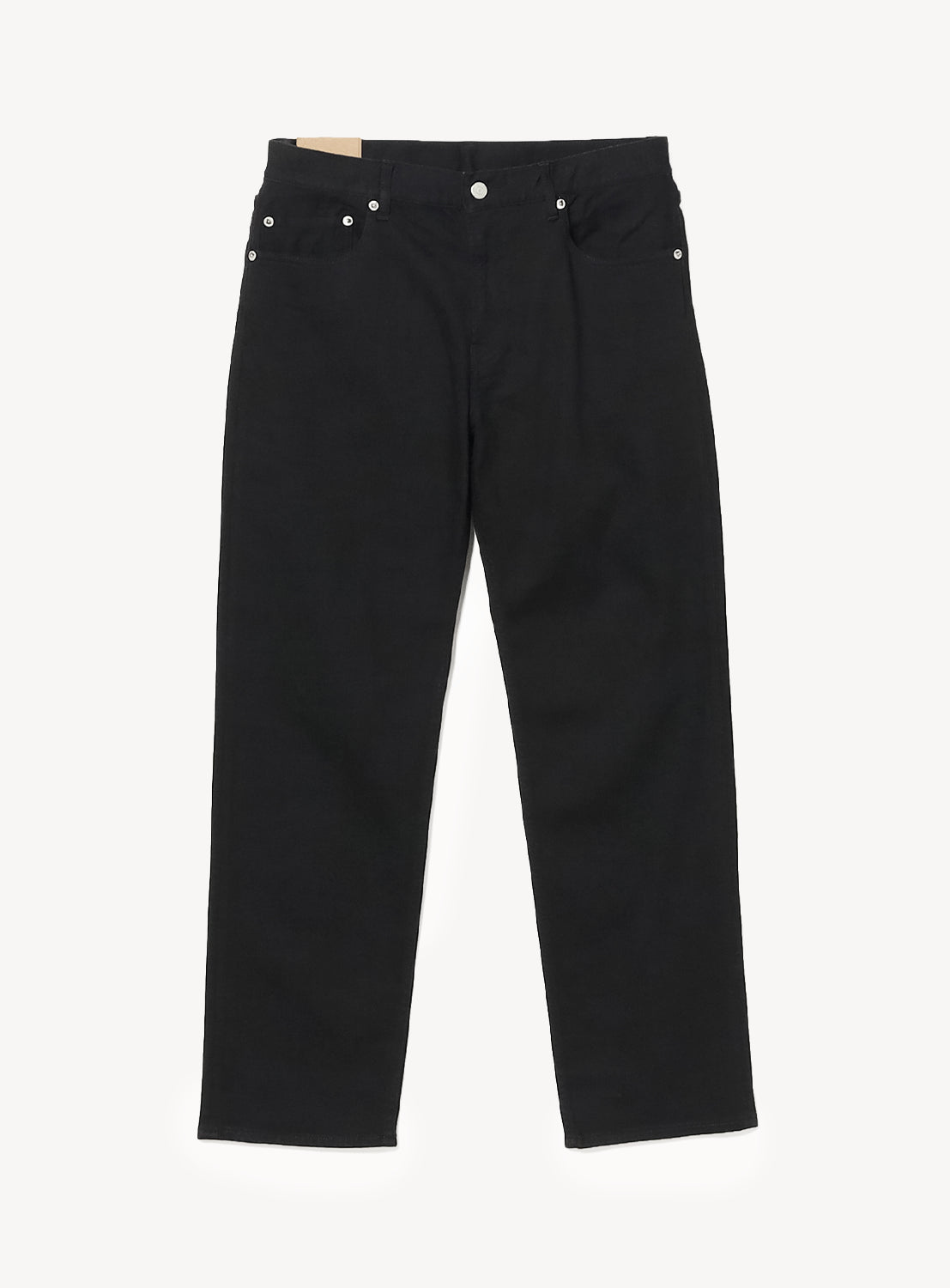 BEAMS Comfy 5-Pocket Denim slim-fit black jeans with five pockets and a button-fly closure.