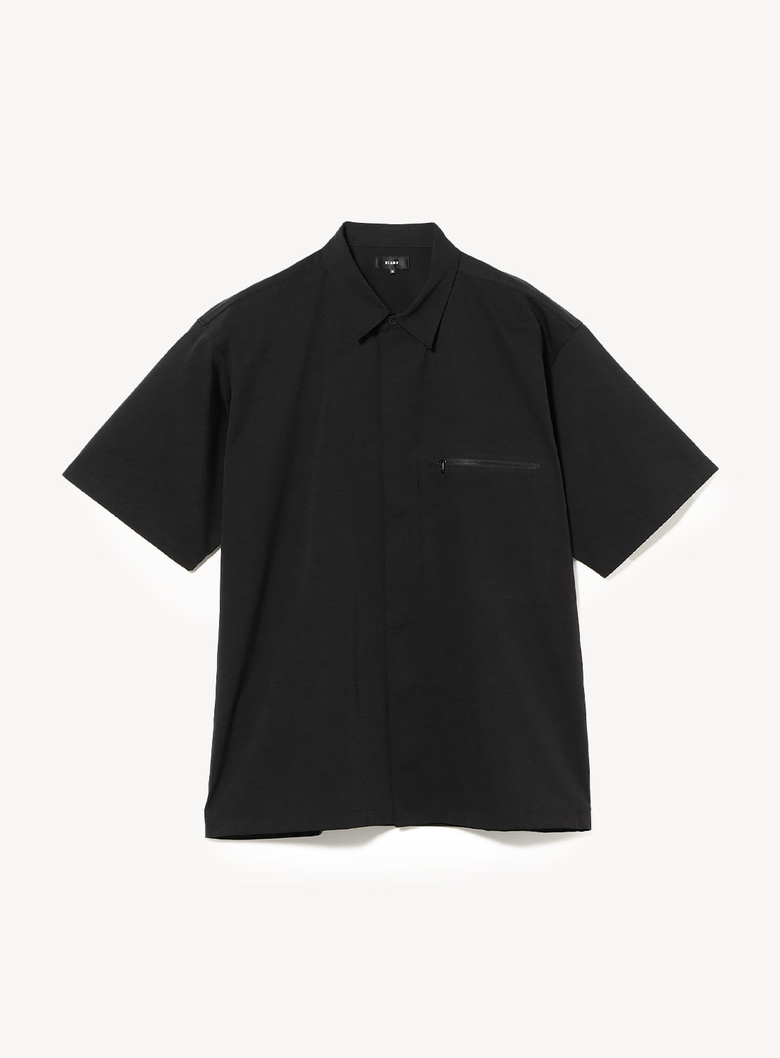 Black tech short sleeve collared shirt with a zippered chest pocket.