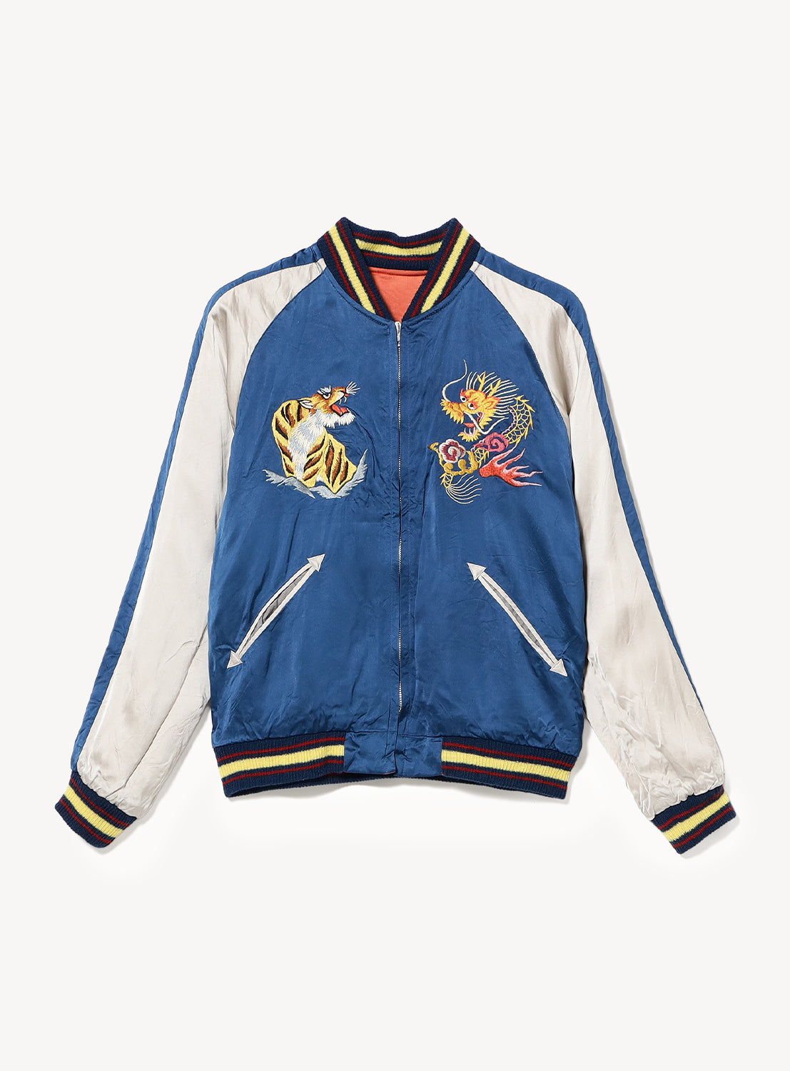 The TAILOR TOYO Late 1940s Style Acetate Souvenir Jacket KOSHO & CO. Special Edition features blue and white satin, striped cuffs, an eagle and dragon embroidered front, two diagonal zippered pockets, and a Japan map motif.