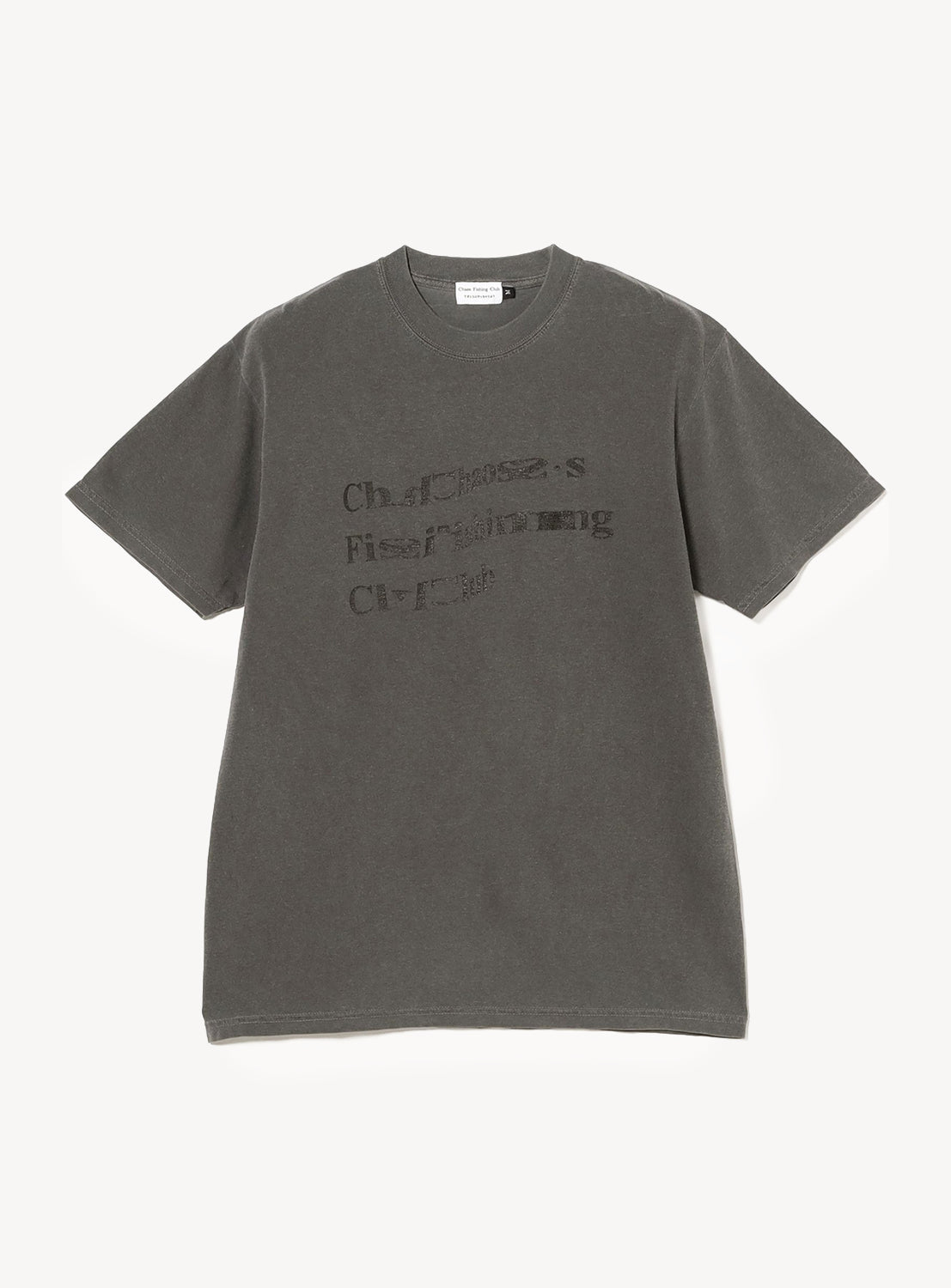 A faded black Chaos Fishing Club OCG T-Shirt with short sleeves and distressed, partially unreadable text across the front. Pigment dyed for a casual, worn-in look, this vintage streetwear staple features a simple crew neckline.