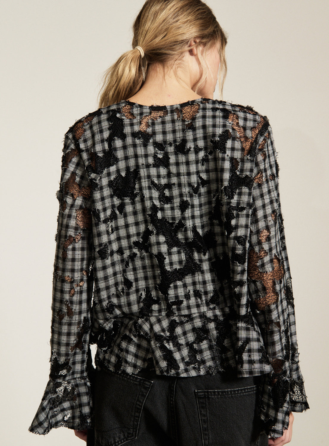 Check Lace Distressed Shirt