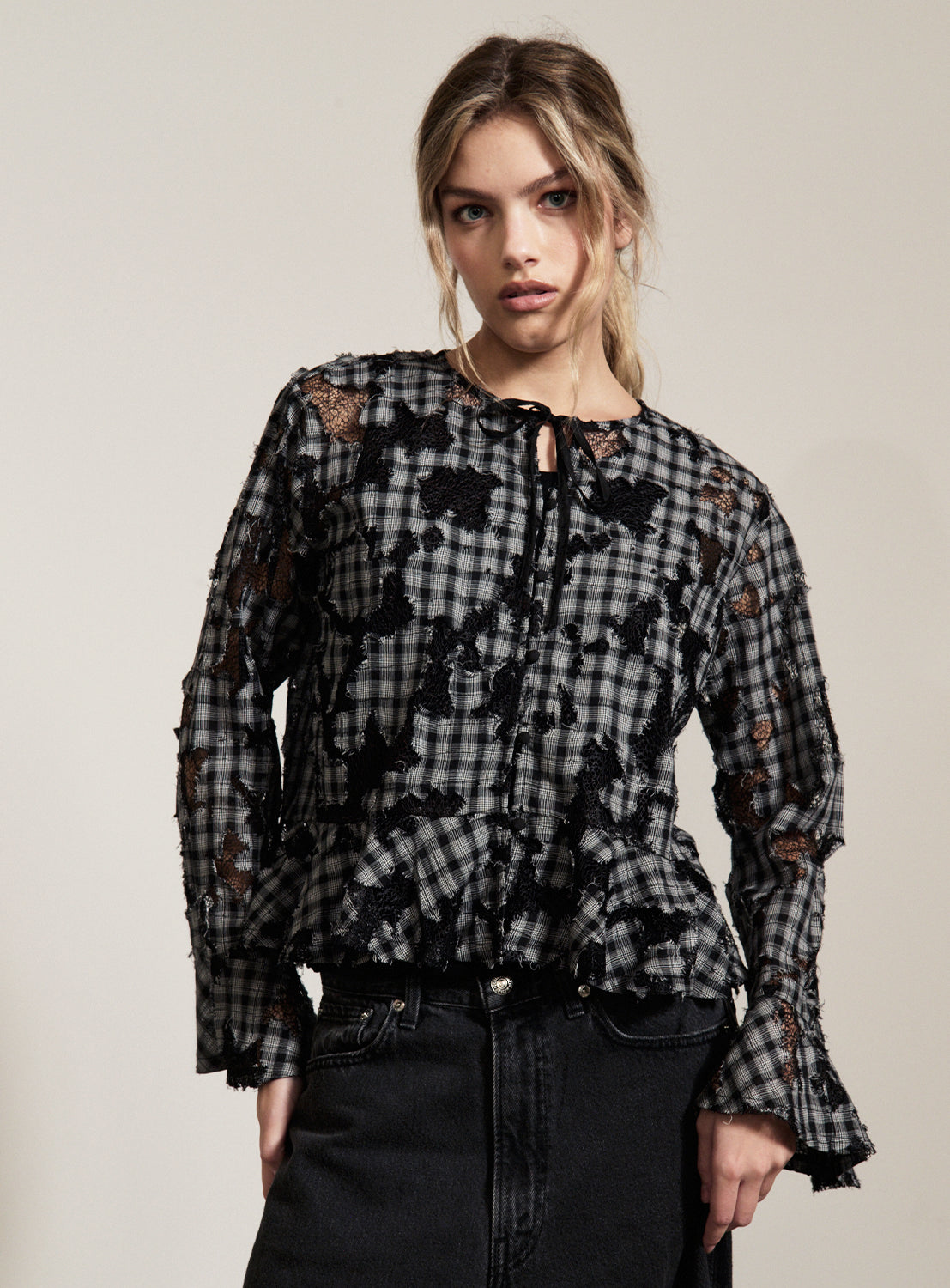 Check Lace Distressed Shirt