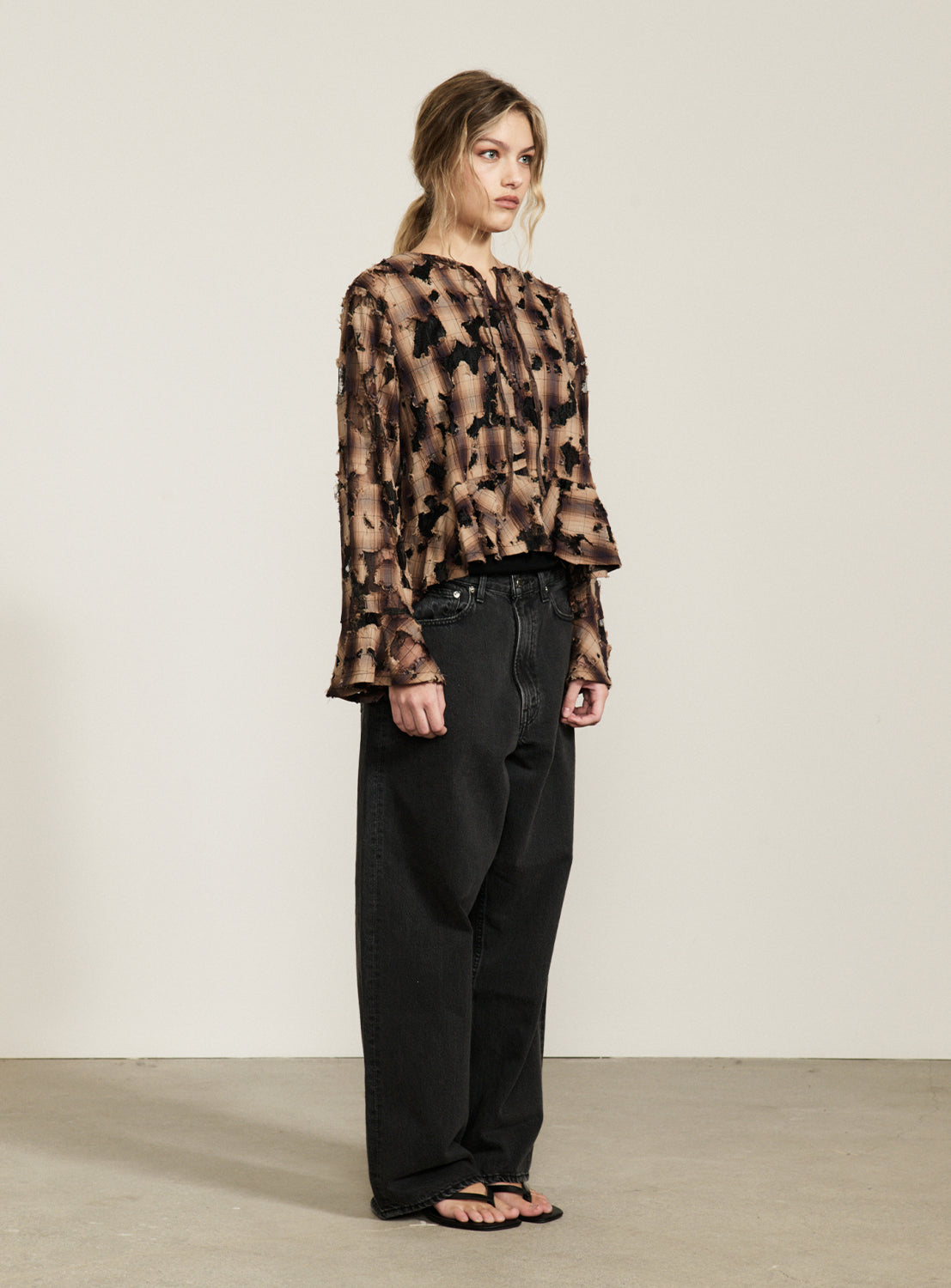 Check Lace Distressed Shirt