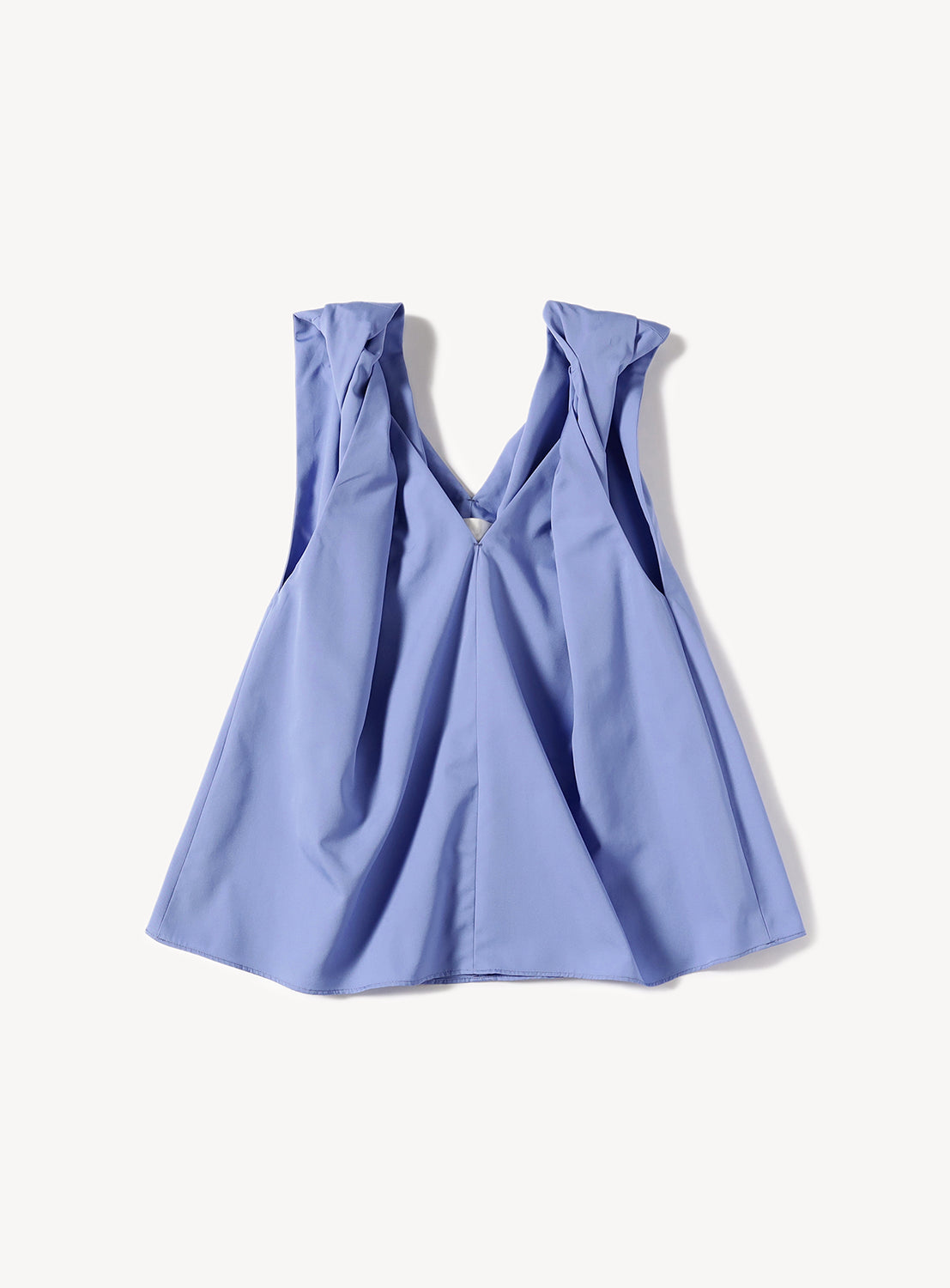 Blue sleeveless top with a deep V-neck and ruffled shoulder straps.