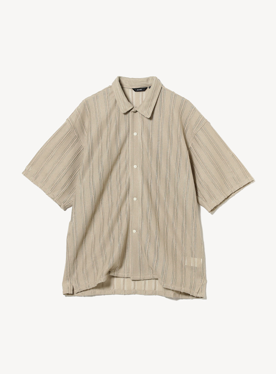 Sand beige open-collar shirt made from military-inspired polyester mesh.