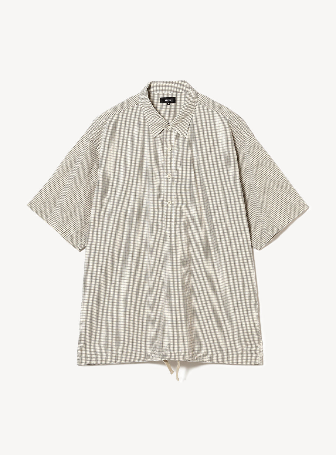 Off-white check-patterned pullover shirt flat lay, made from fine typewriter cloth, offering a refined style.