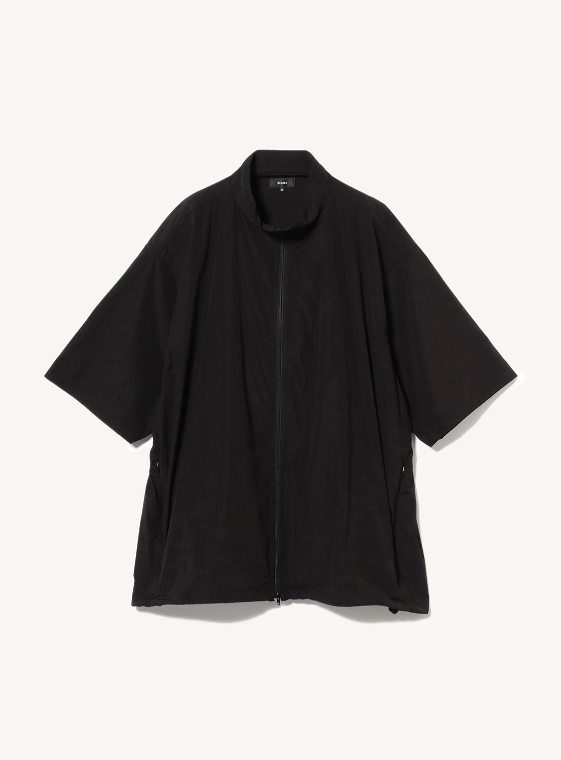 Black full-zip tech shirt with a stand collar and for minimalist styling.