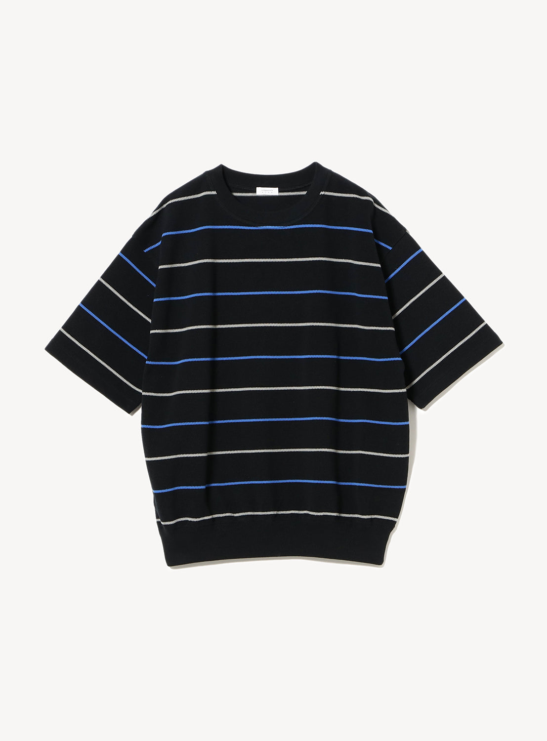 Black knit short-sleeve shirt flat lay, featuring horizontal blue and white stripes.