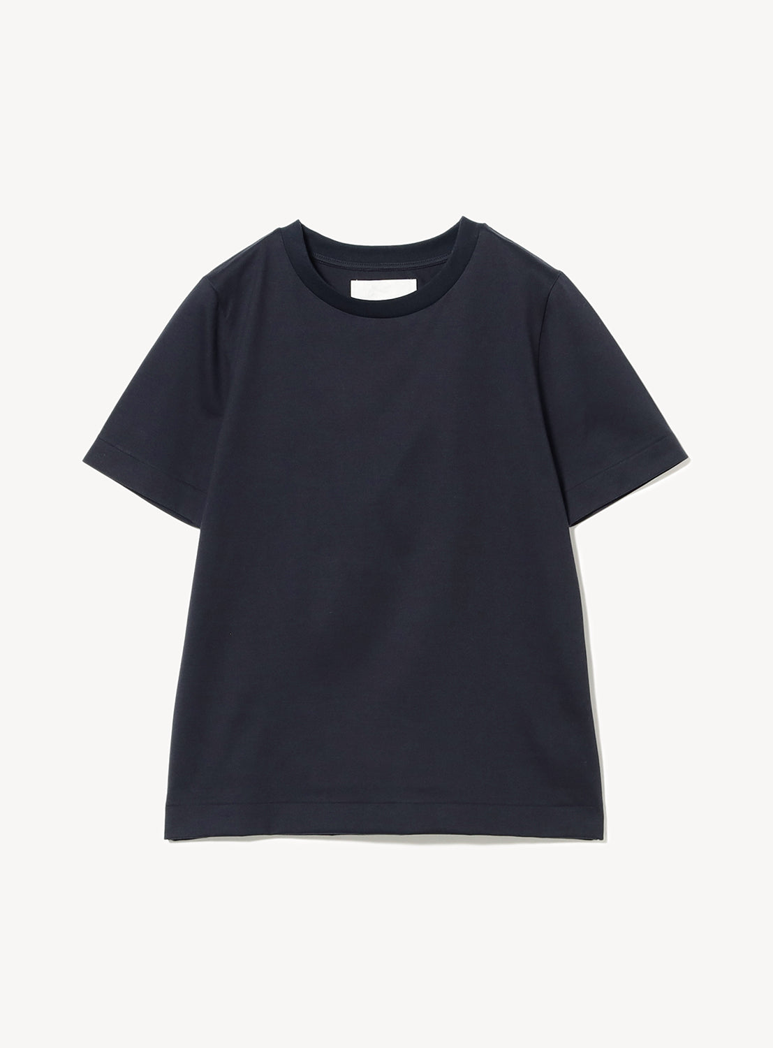 Flat lay of navy blue tee, highlighting the simple style and round neckline.