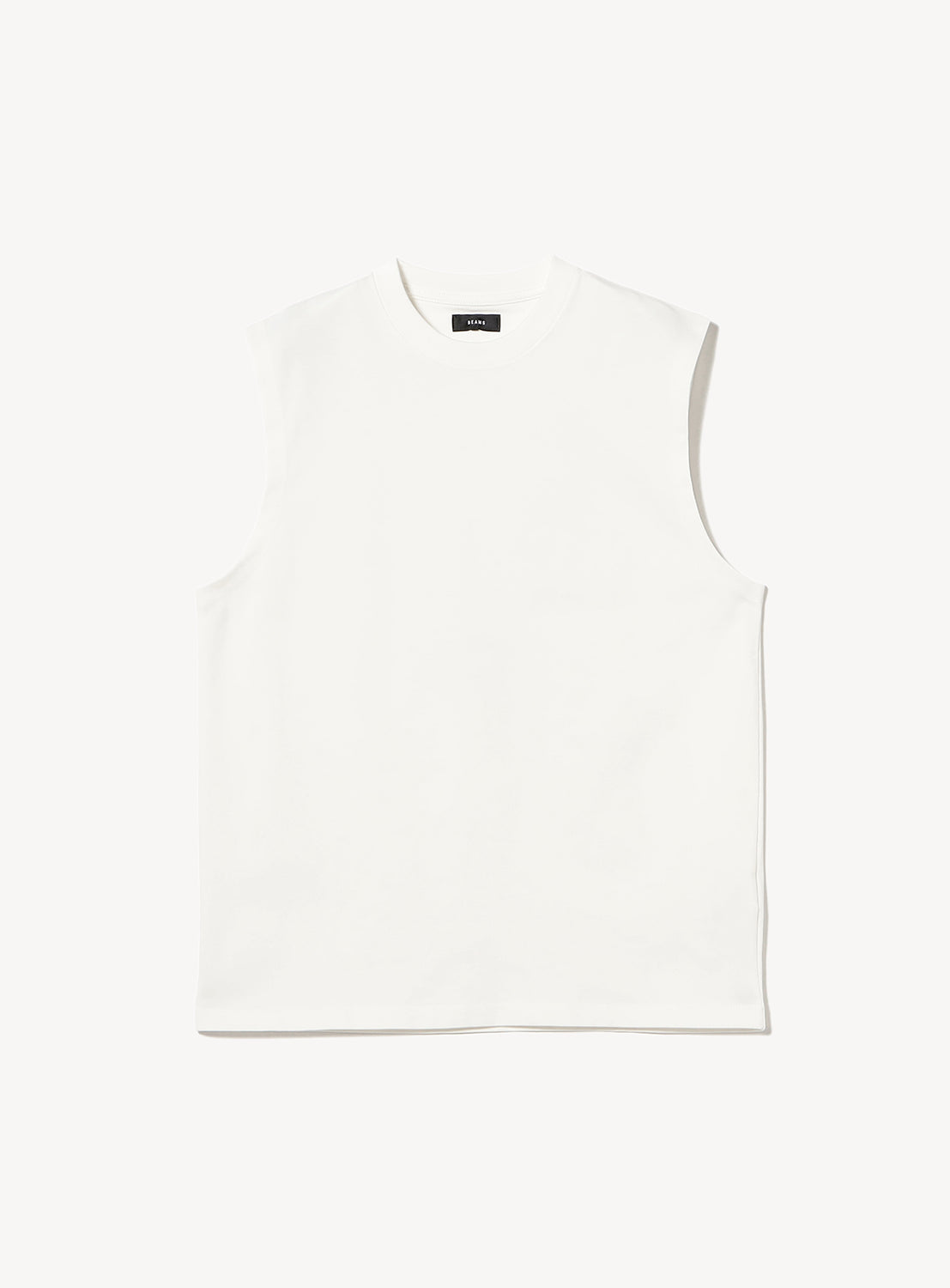 White sleeveless top with a high crew neck and a relaxed fit