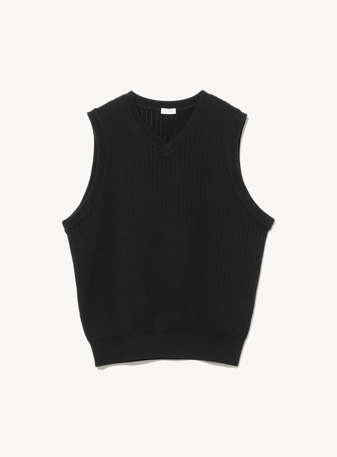 Black ribbed knit V-neck vest flat lay, showcasing its textured pattern and classic design.