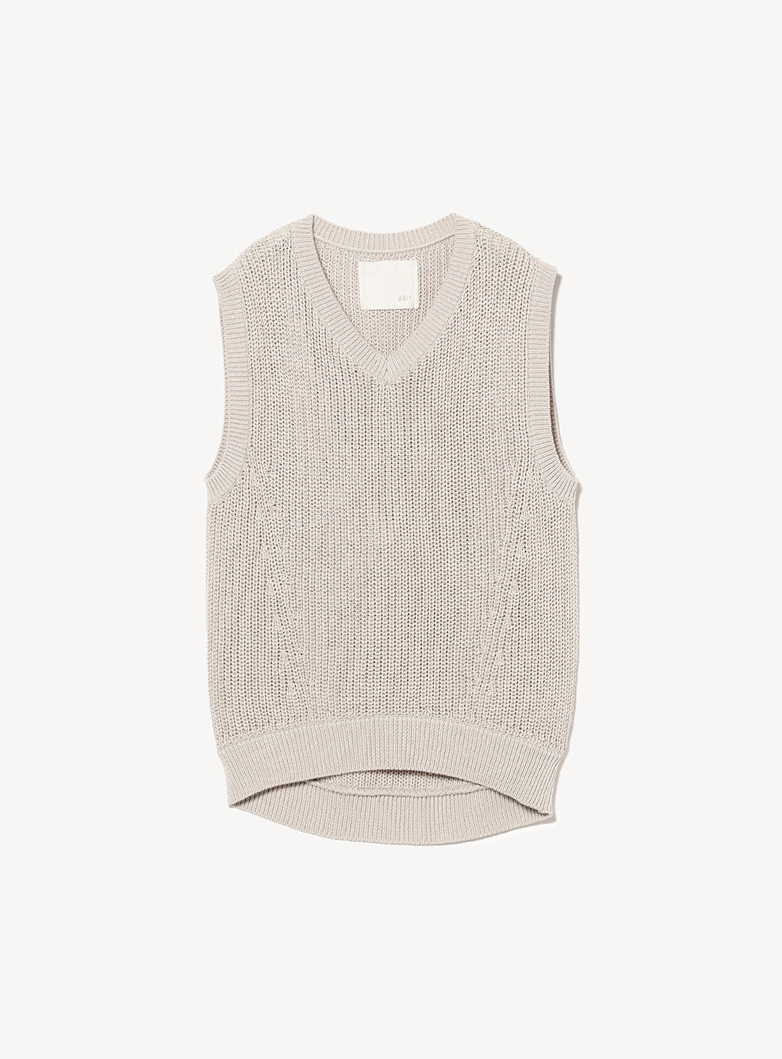 Light grey sleeveless V-neck knit vest with a wide armhole and ribbed hem