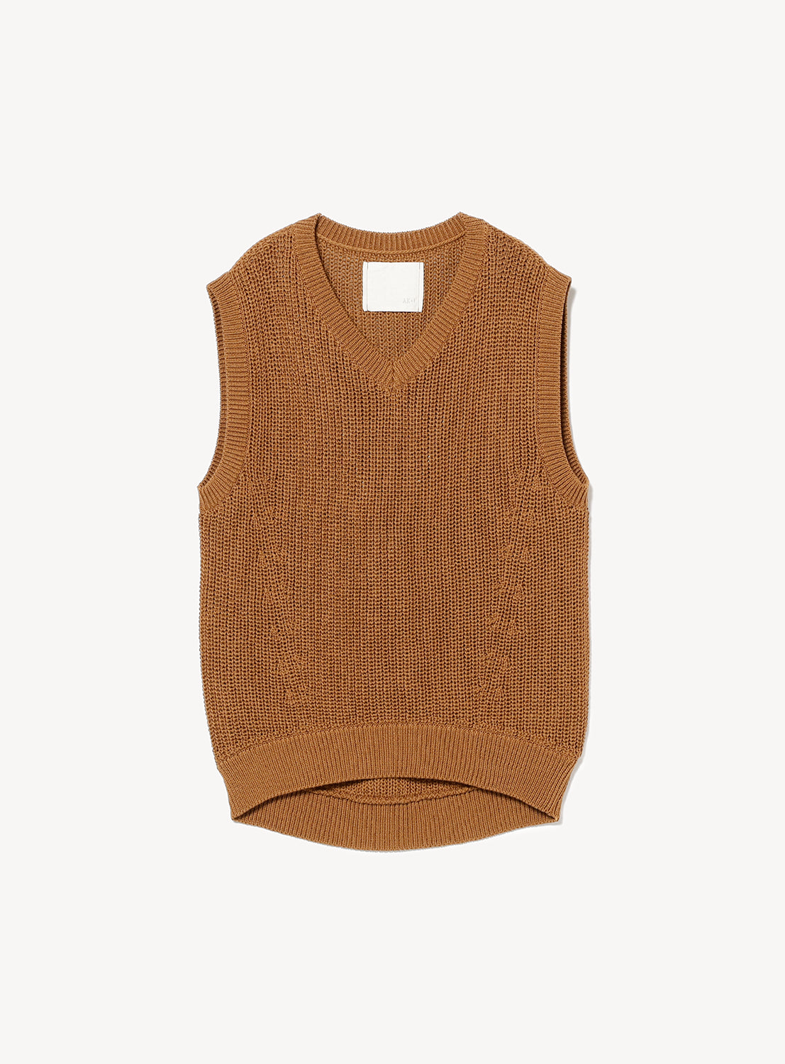 Brown camel color sleeveless V-neck knit vest with a ribbed hem.