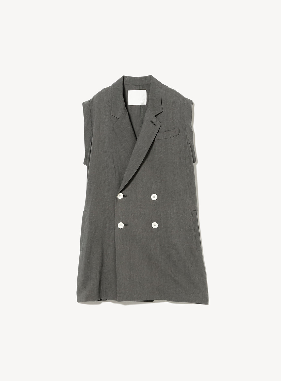 Grey double-breasted gilet with white buttons and notched lapels.