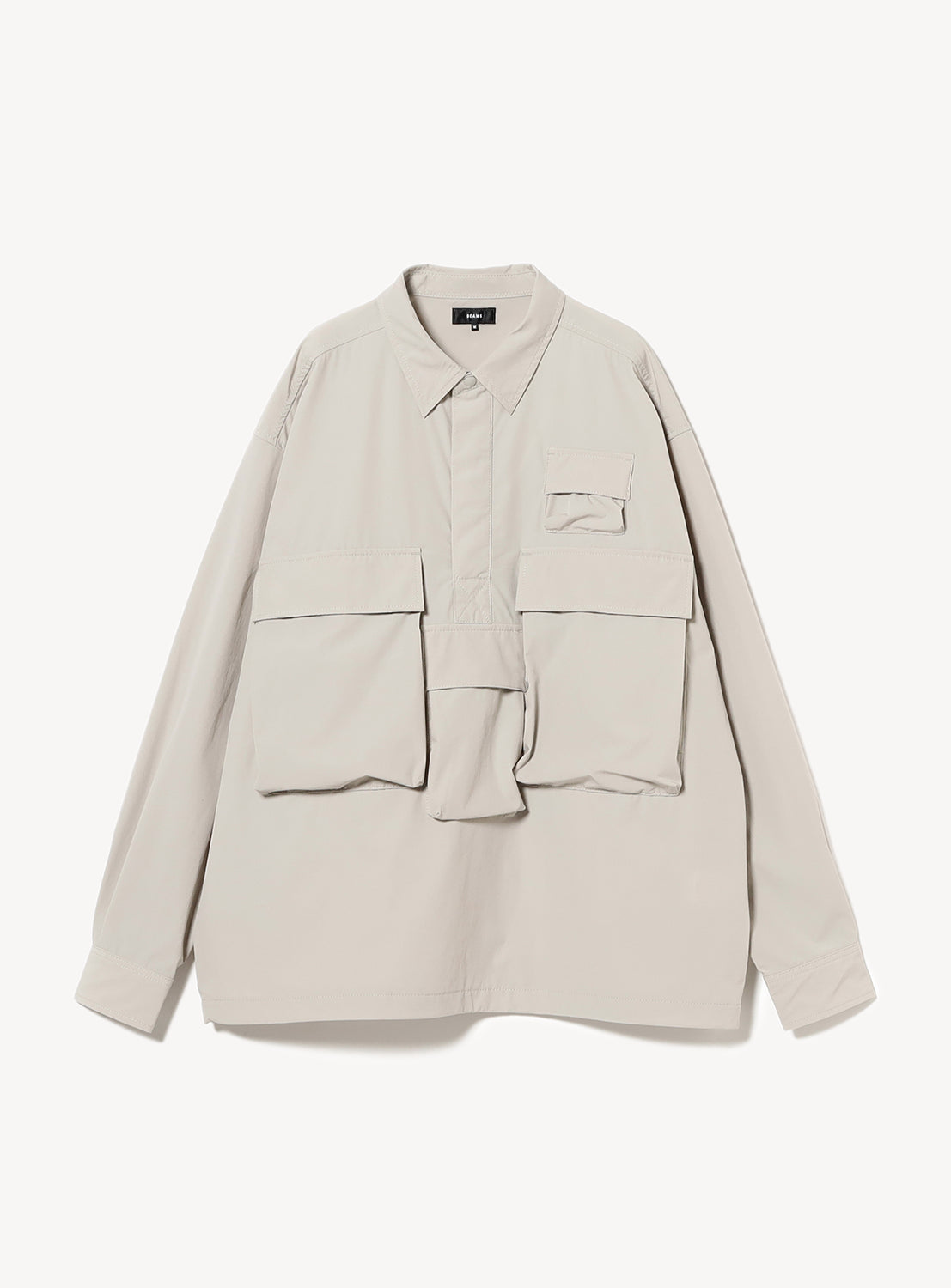 Light grey long-sleeve shirt with multiple front flap pockets and a button-front closure.