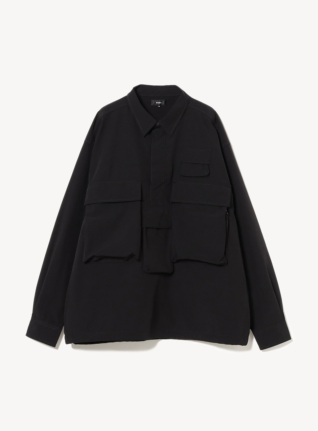 Black long-sleeve shirt with multiple front flap pockets and a button-front closure.