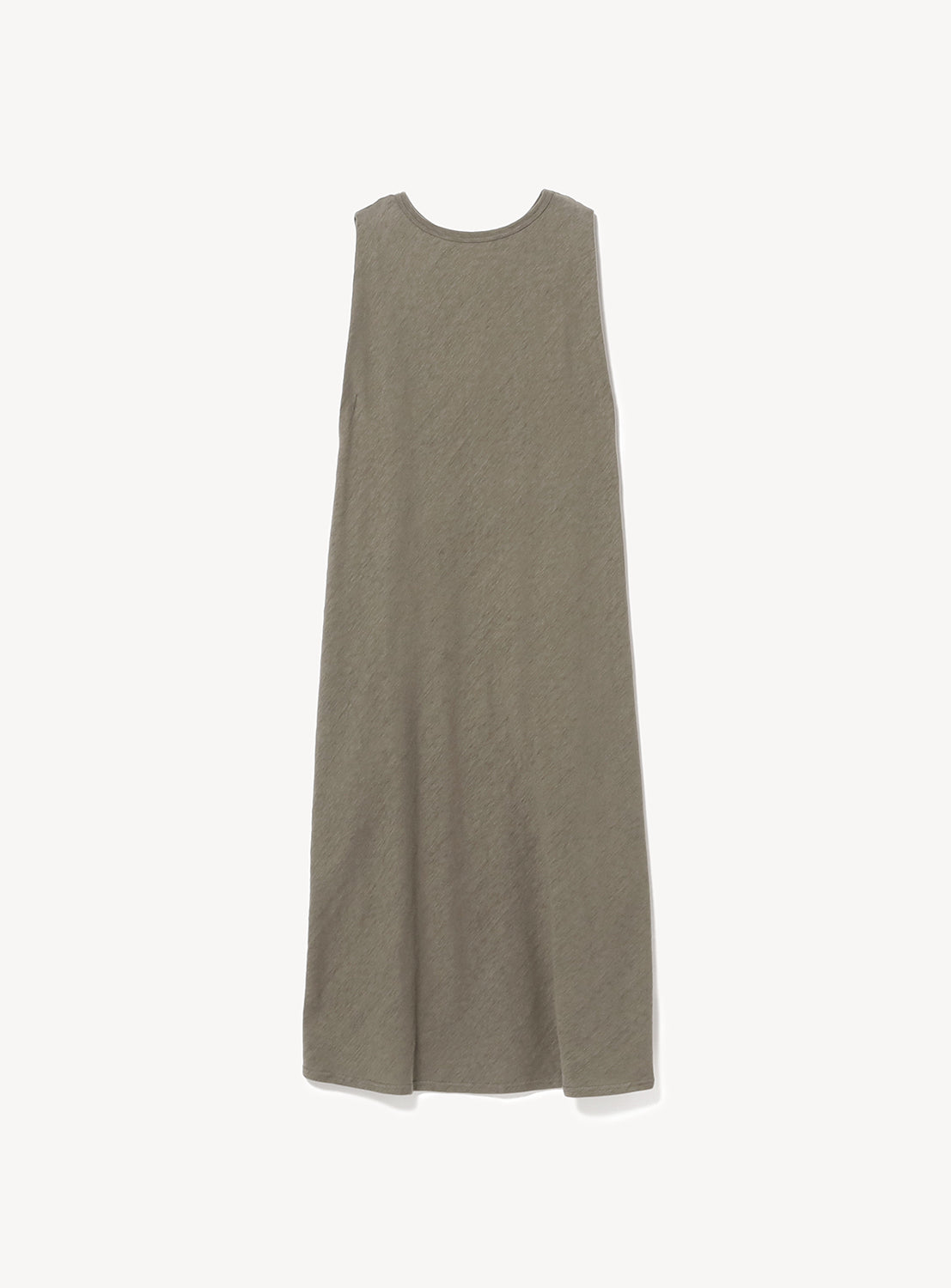 Sleeveless olive green maxi dress with a relaxed A-line silhouette on a white background.