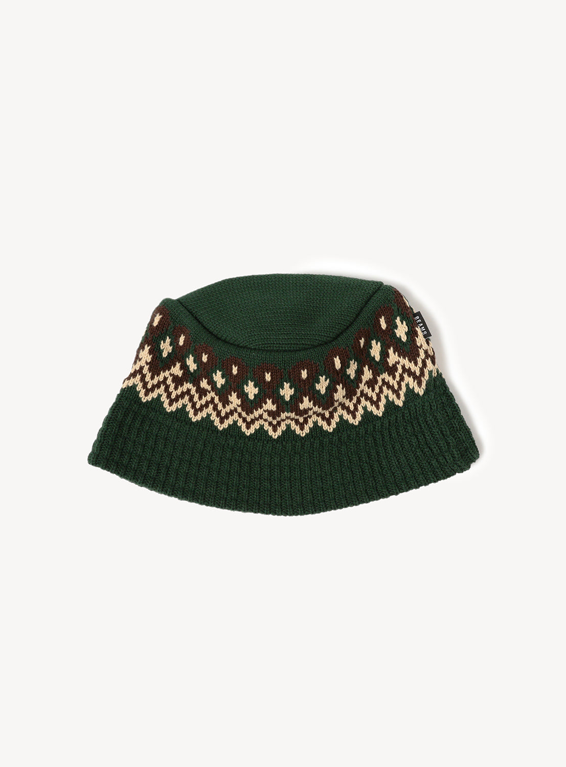 Dark green knitted cap with beige and brown jacquard pattern.