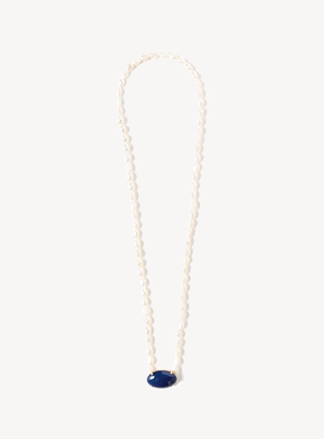 The Arita Ware Motif and Pearl Long Necklace by Hizen Jewelry features small white freshwater pearls and a single larger, dark blue oval bead centered at the bottom, elegantly displayed on a plain white background. This exquisite piece beautifully combines traditional Japanese ceramic artistry with refined jewelry design.